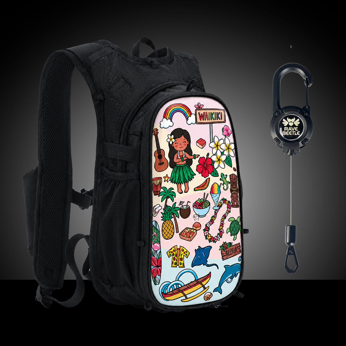 RaveBeetle Black Elytra AIR Festival Starter Bundle β Lightweight Festival Pack with 2L Water Bladder, VIbe Print & Fonelyne