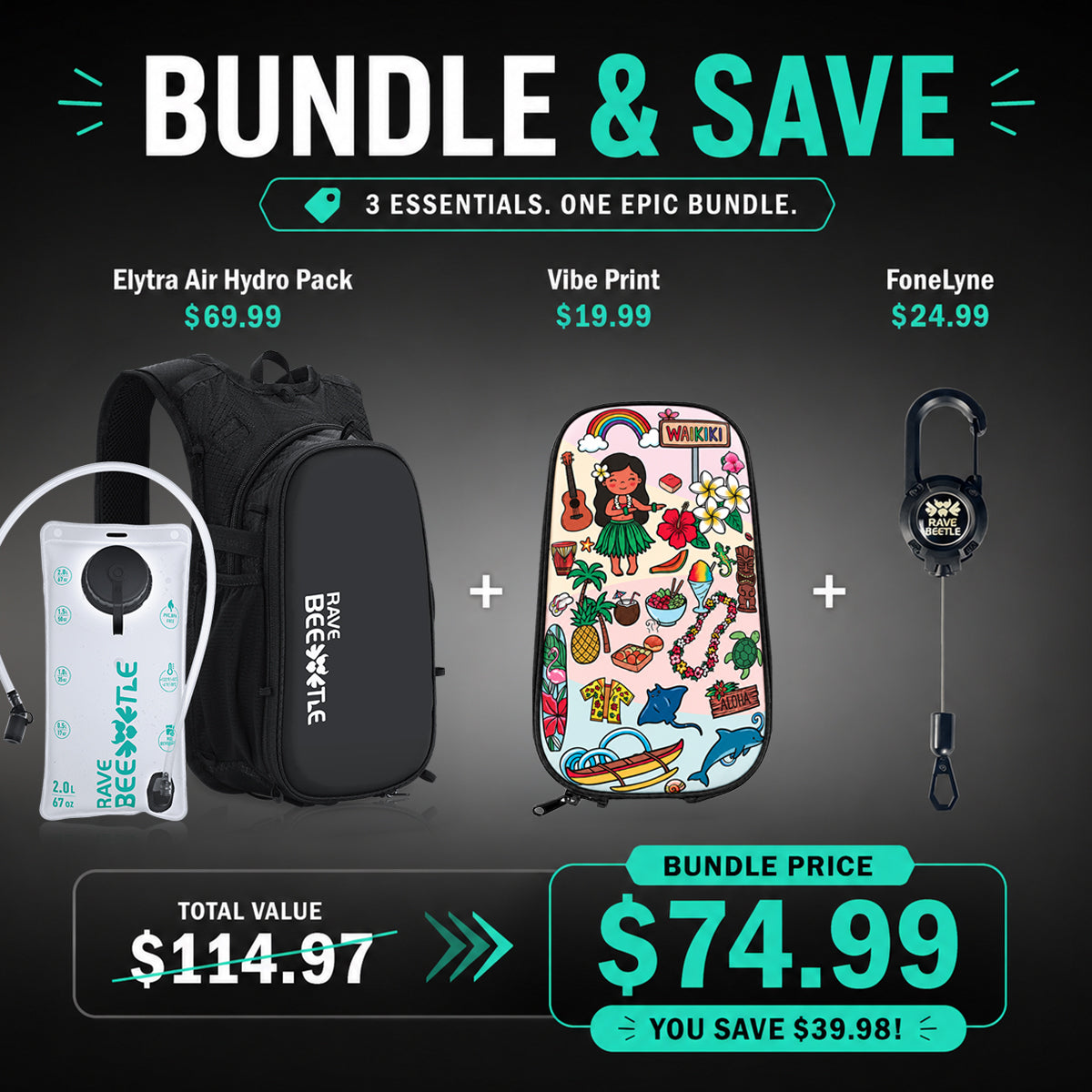 RaveBeetle Black Elytra AIR Festival Starter Bundle β Lightweight Festival Pack with 2L Water Bladder, VIbe Print & Fonelyne