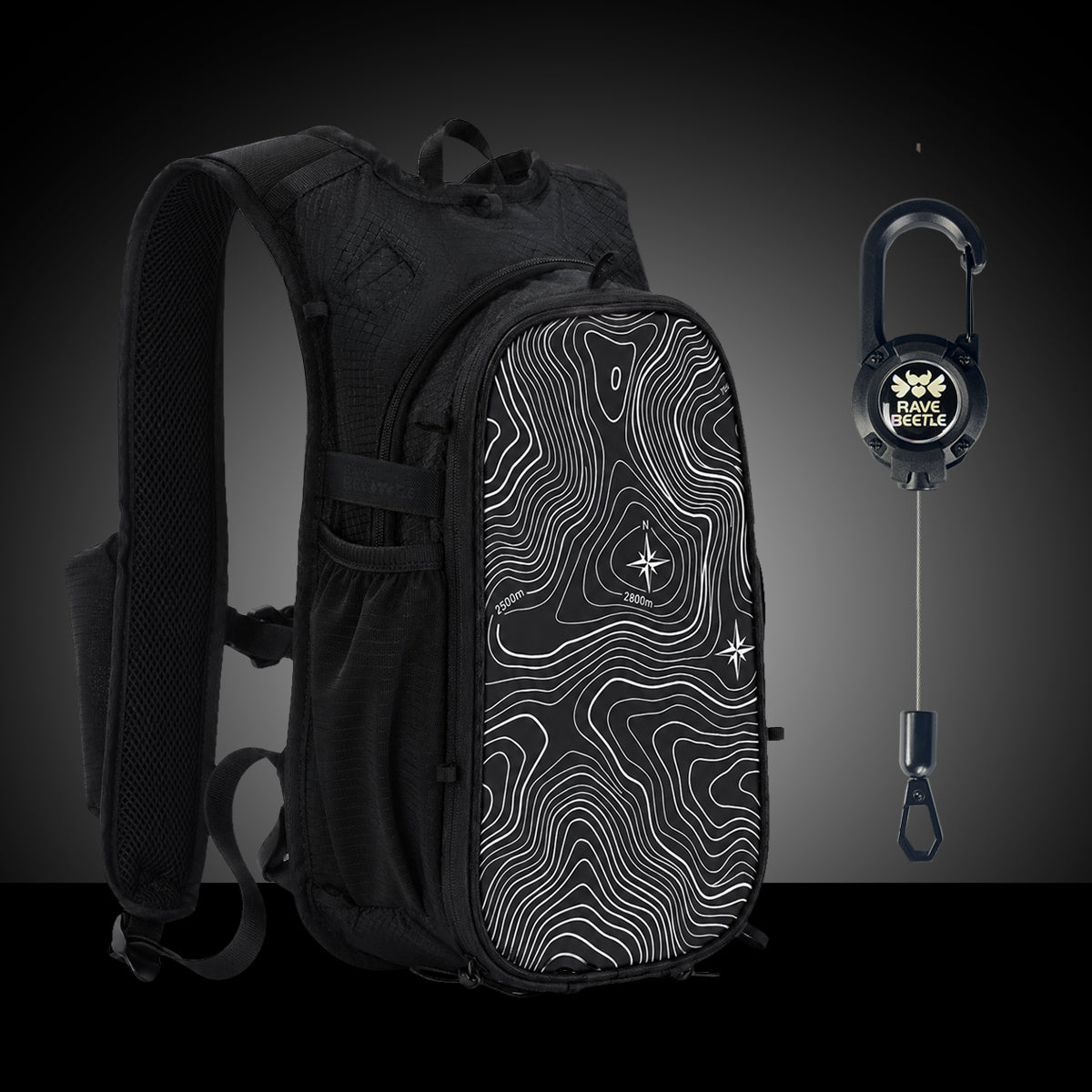 RaveBeetle Black Elytra AIR Festival Starter Bundle β Lightweight Festival Pack with 2L Water Bladder, VIbe Print & Fonelyne