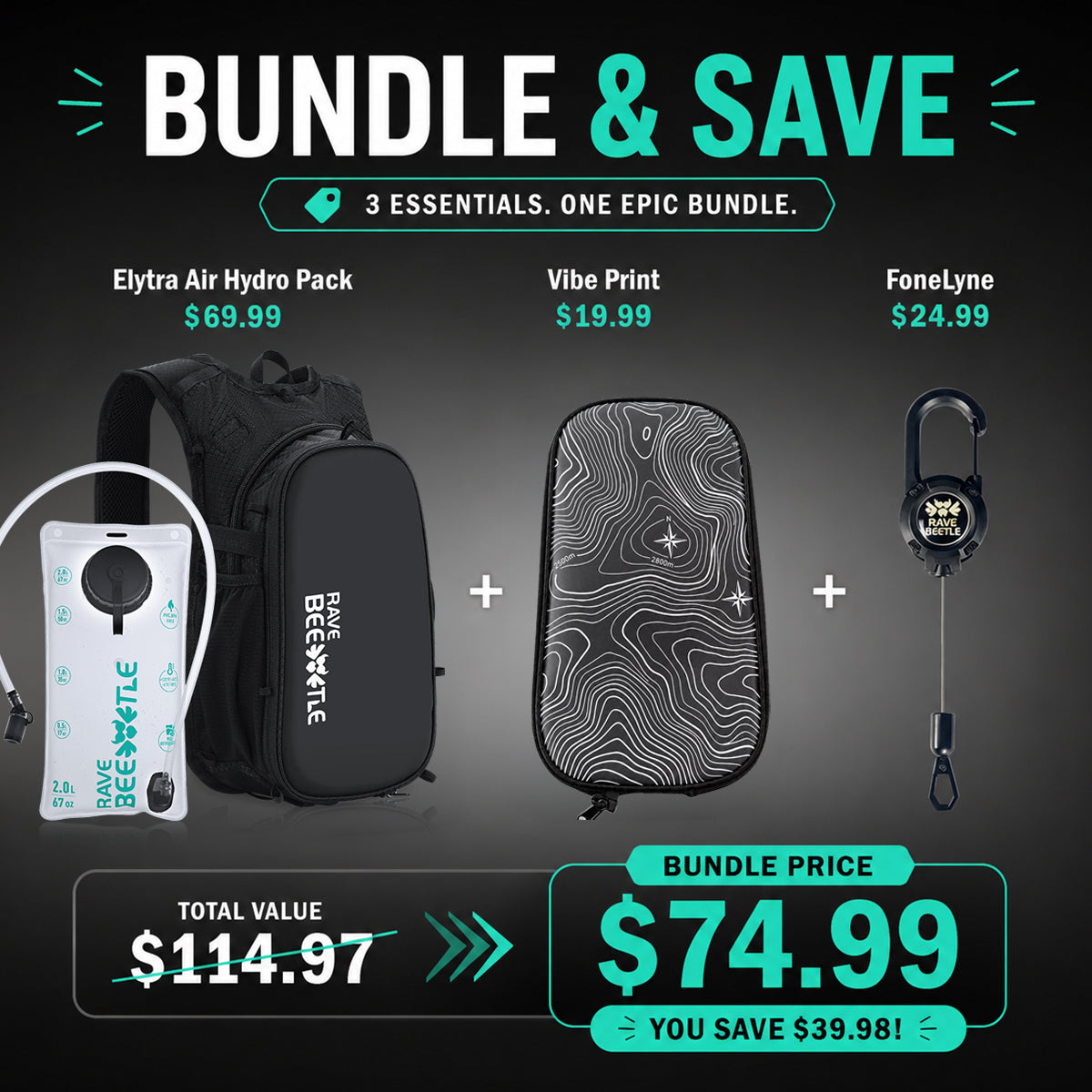RaveBeetle Black Elytra AIR Festival Starter Bundle β Lightweight Festival Pack with 2L Water Bladder, VIbe Print & Fonelyne
