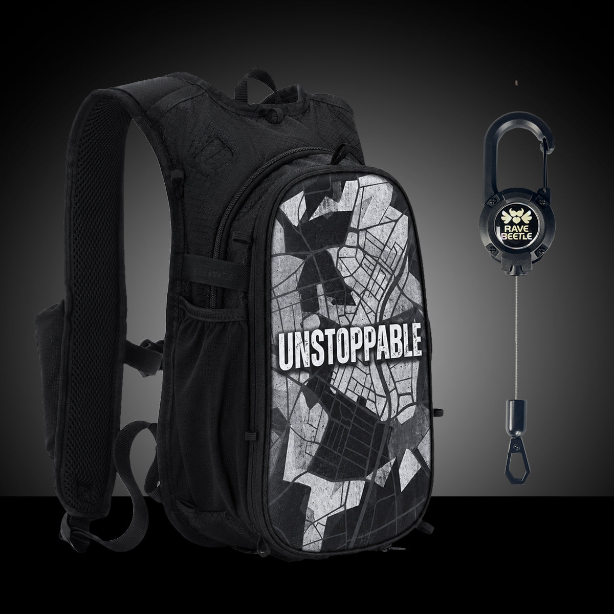 RaveBeetle Black Elytra AIR Festival Starter Bundle β Lightweight Festival Pack with 2L Water Bladder, VIbe Print & Fonelyne