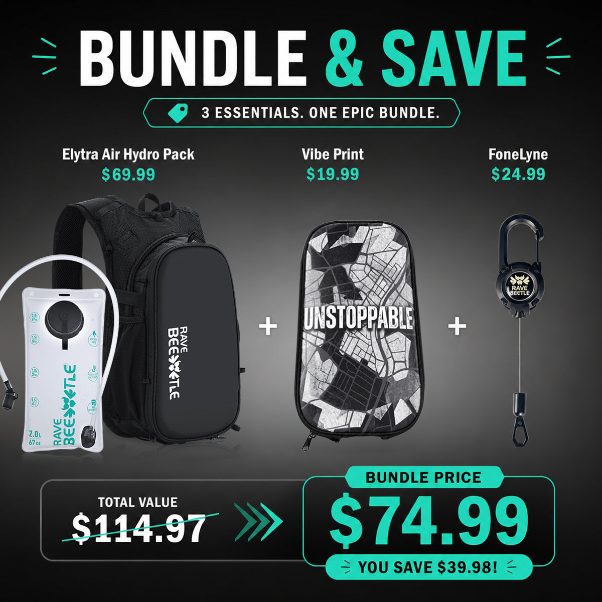 RaveBeetle Black Elytra AIR Festival Starter Bundle β Lightweight Festival Pack with 2L Water Bladder, VIbe Print & Fonelyne