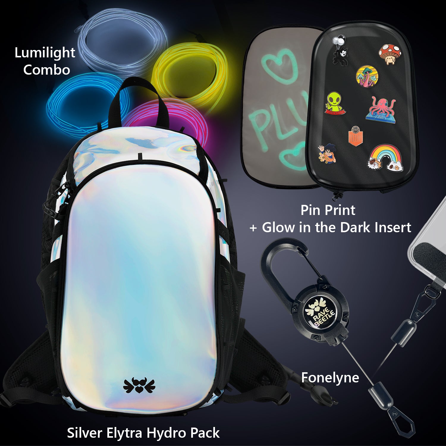 RaveBeetle Elytra Festival Hydro Pack Rave Customizable Backpack with Pin Insert Phone Tether Silver