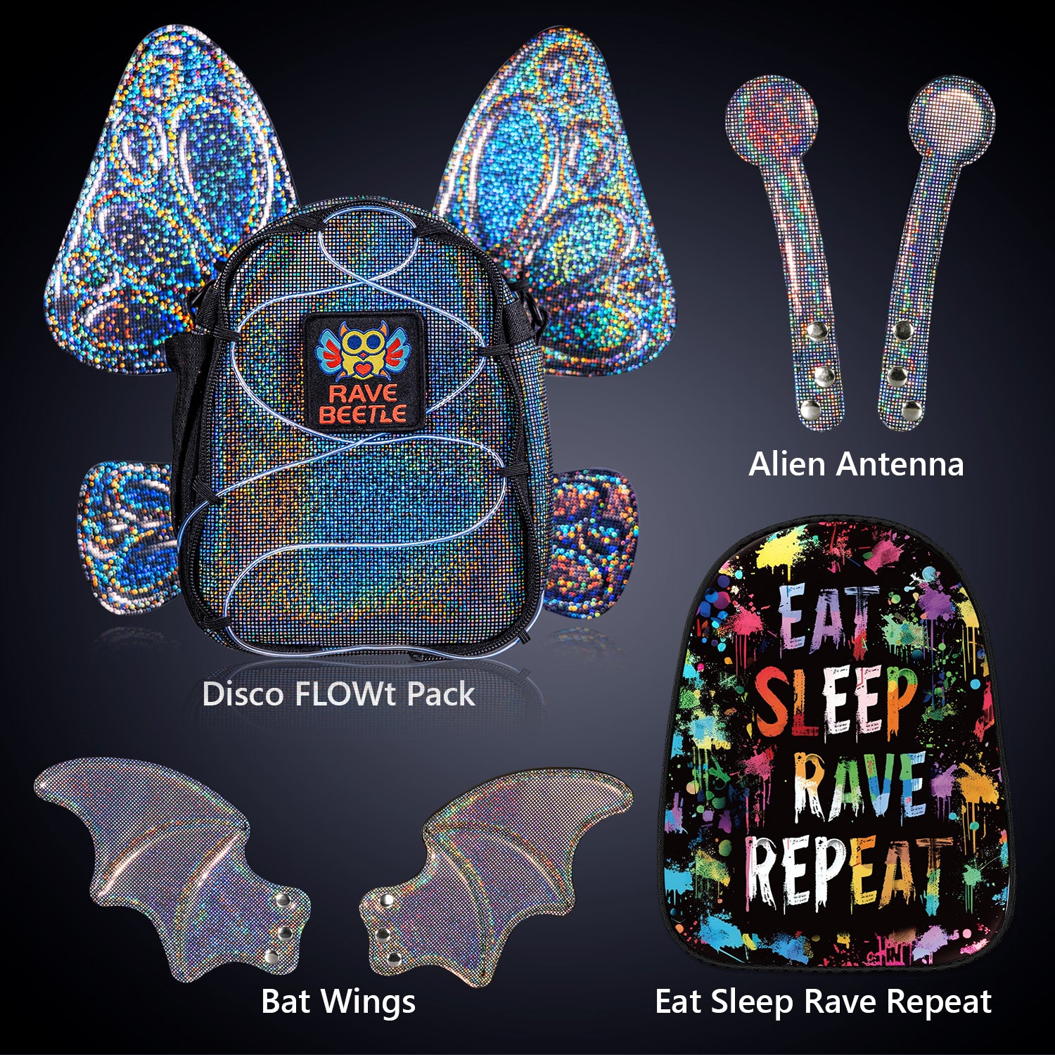 RaveBeetle FLOWt Festival Pack with Swappable bat Wings butterfly wings Alien Antenna eat sleep rave repeat bundle