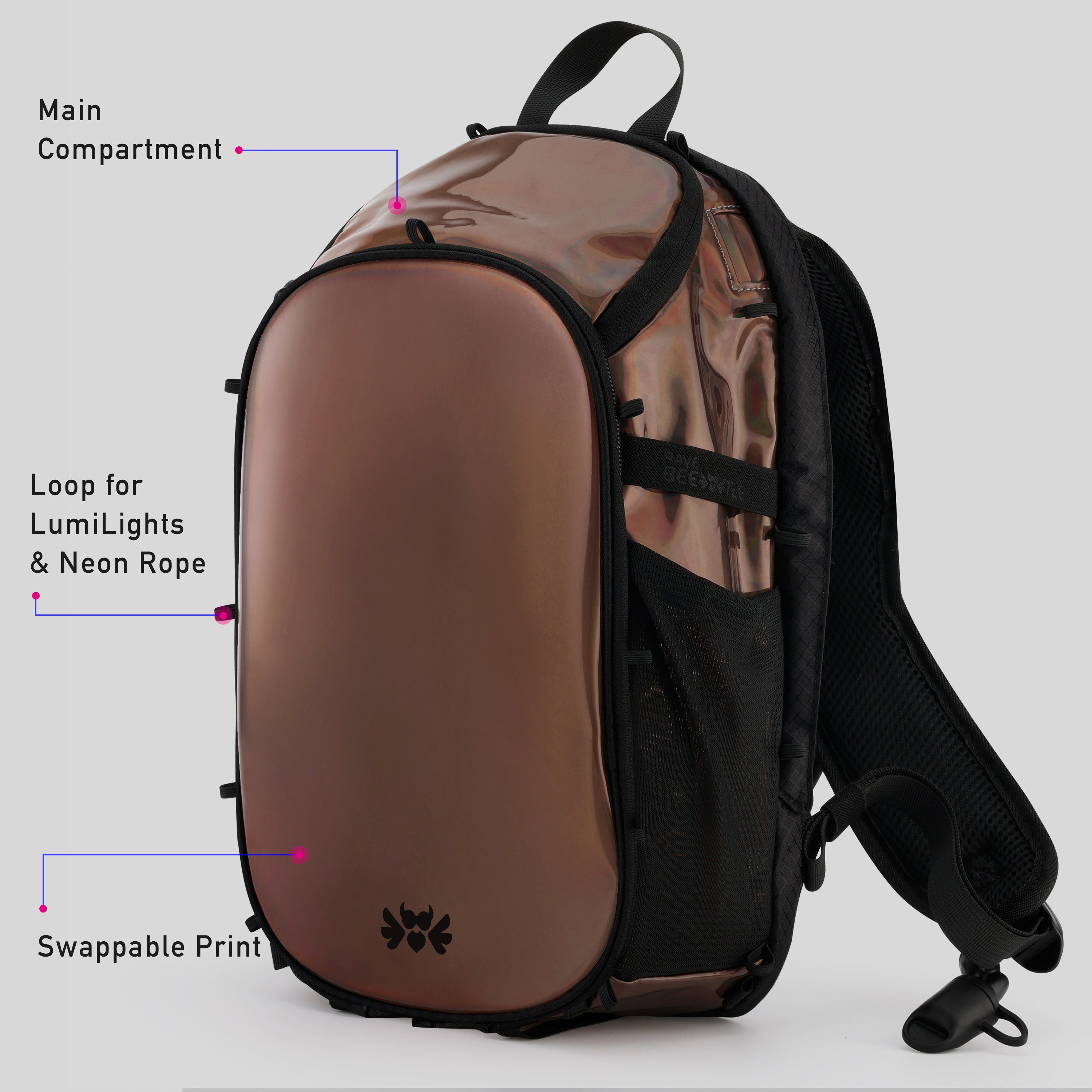 RaveBeetle Elytra Hydration Pack – Festival Backpack with Water Bladder (Holographic Mocha)