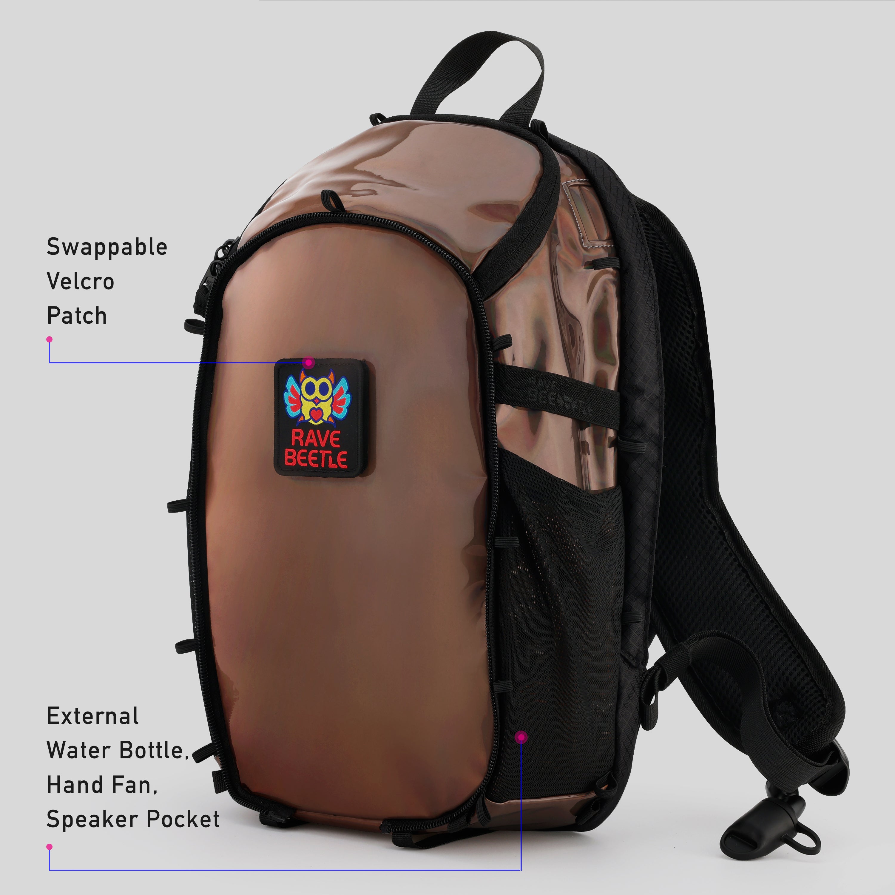RaveBeetle Elytra Hydration Pack – Festival Backpack with Water Bladder (Holographic Mocha)