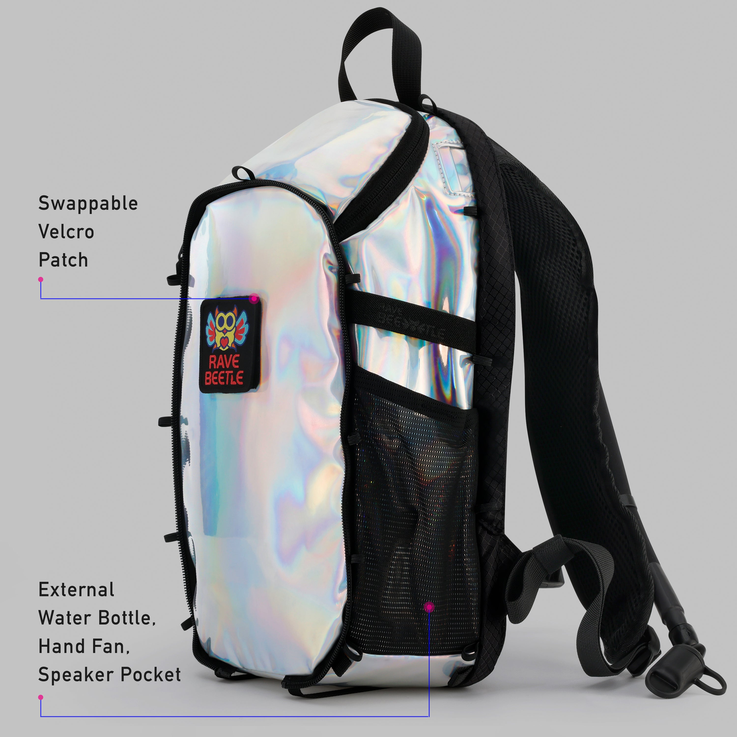RaveBeetle Elytra LED Hydration Pack – Festival Backpack with Water Bladder (Holographic Silver)