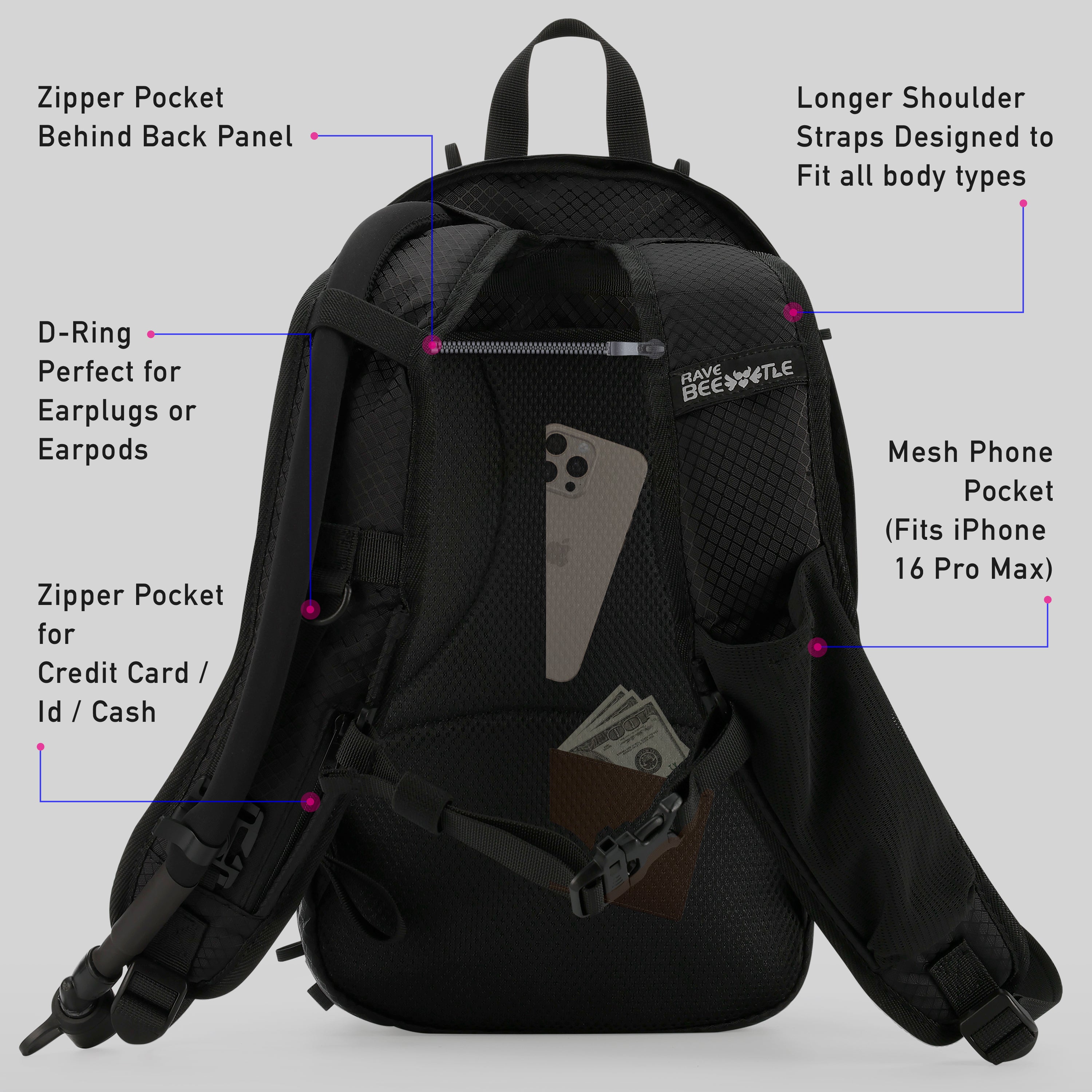 RaveBeetle Elytra LED Hydration Pack – Festival Backpack with Water Bladder (Holographic Silver)