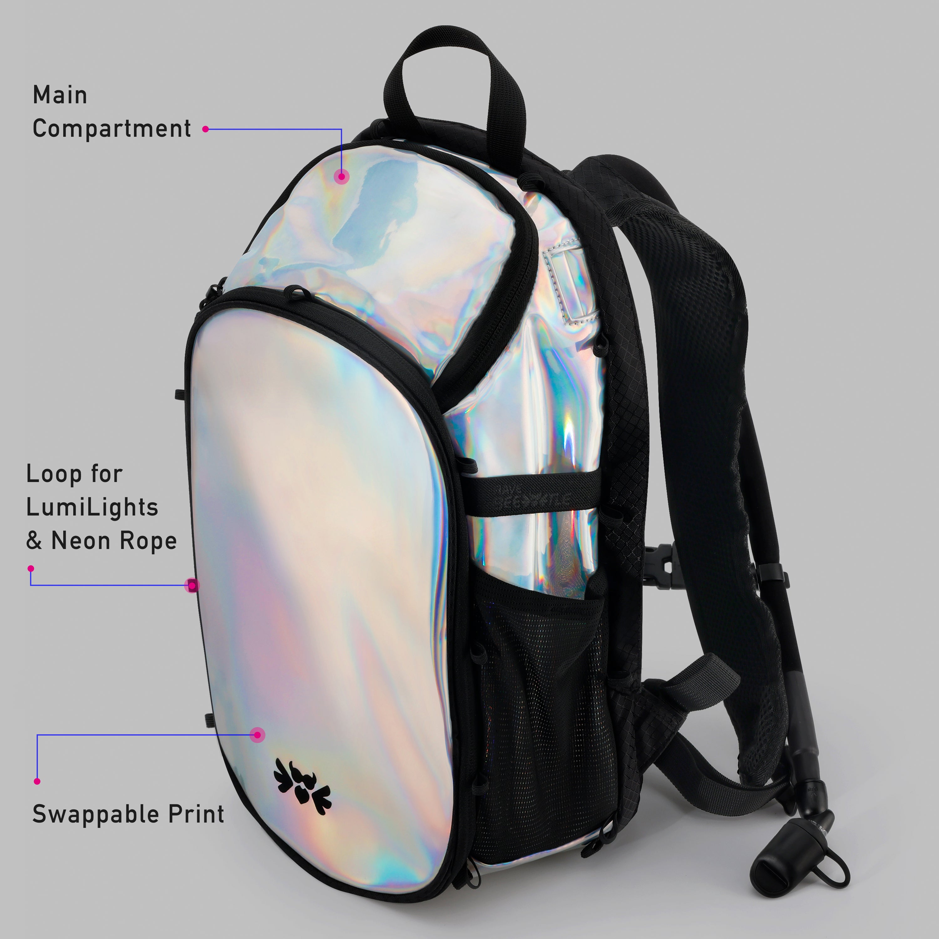 RaveBeetle Elytra Hydration Pack – Festival Backpack with Water Bladder (Holographic Silver)
