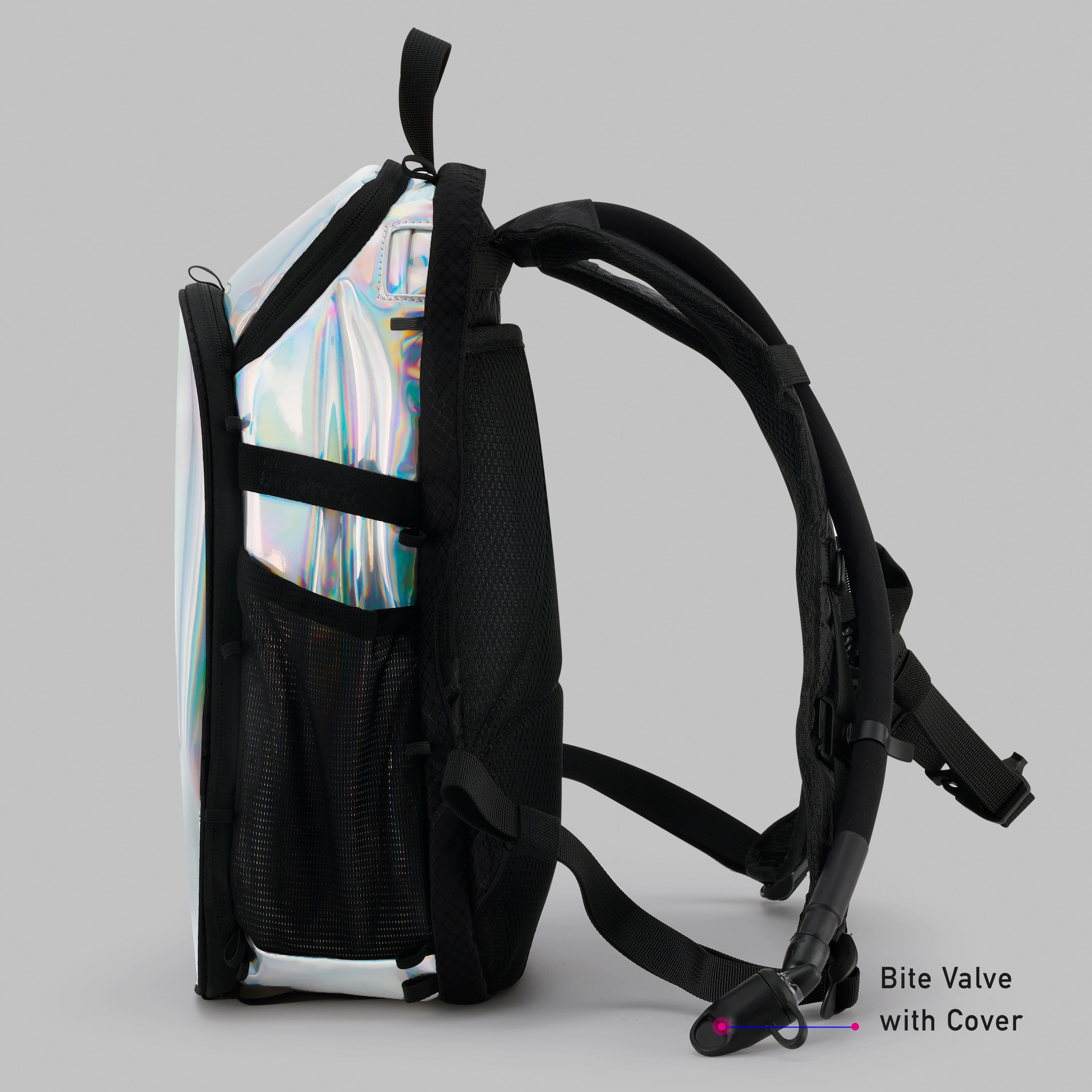 RaveBeetle Elytra Hydration Pack – Festival Backpack with Water Bladder (Holographic Silver)