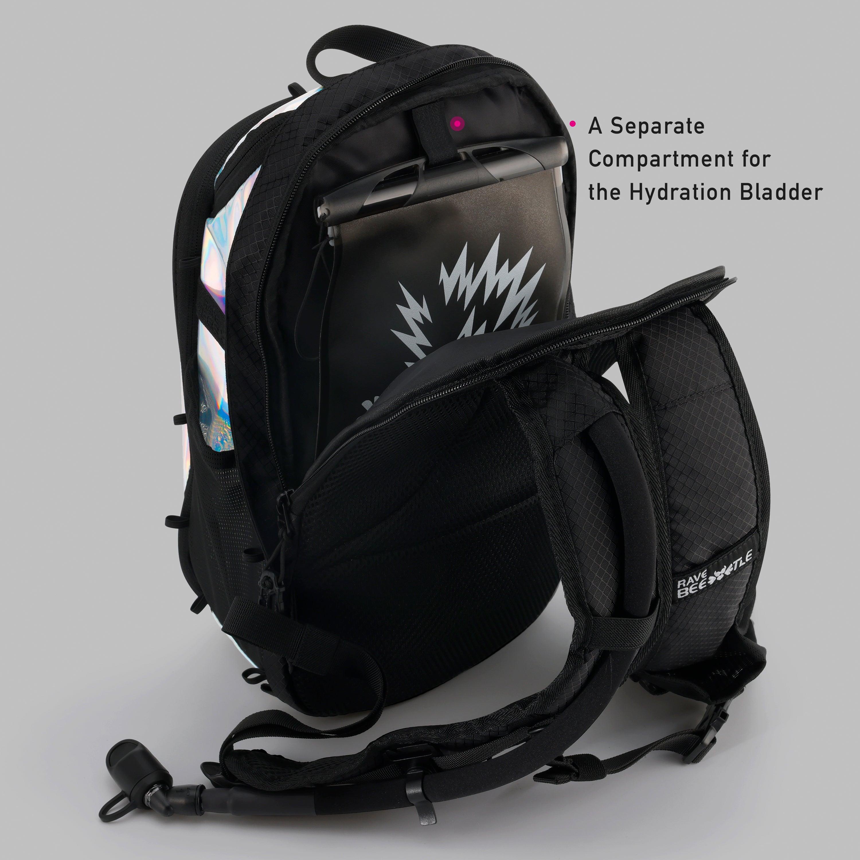 RaveBeetle Elytra Hydration Pack – Festival Backpack with Water Bladder (Holographic Silver)