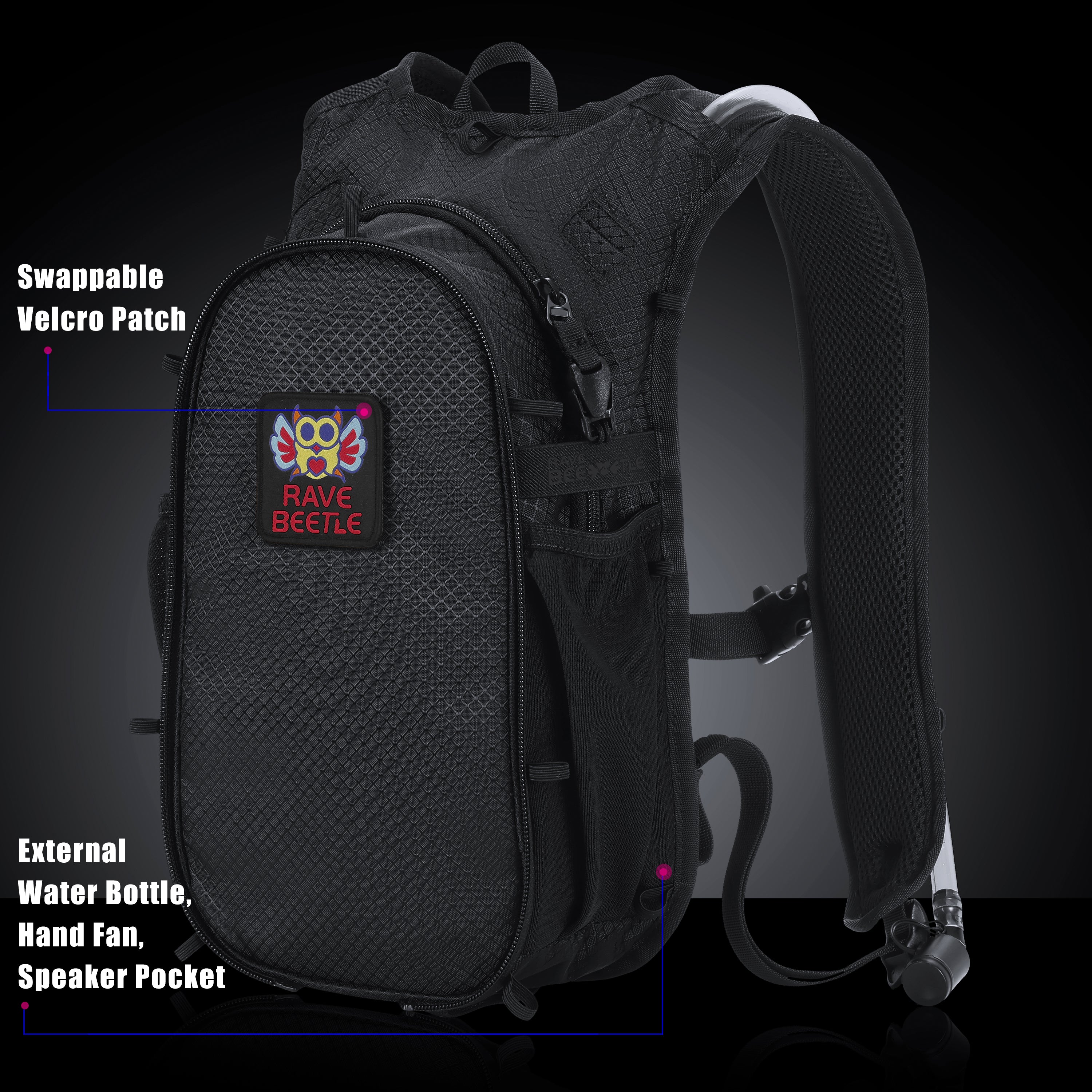 RaveBeetle Elytra AIR LED Hydration Backpack – Lightweight Festival Pack with 2L Water Bladder (Black)