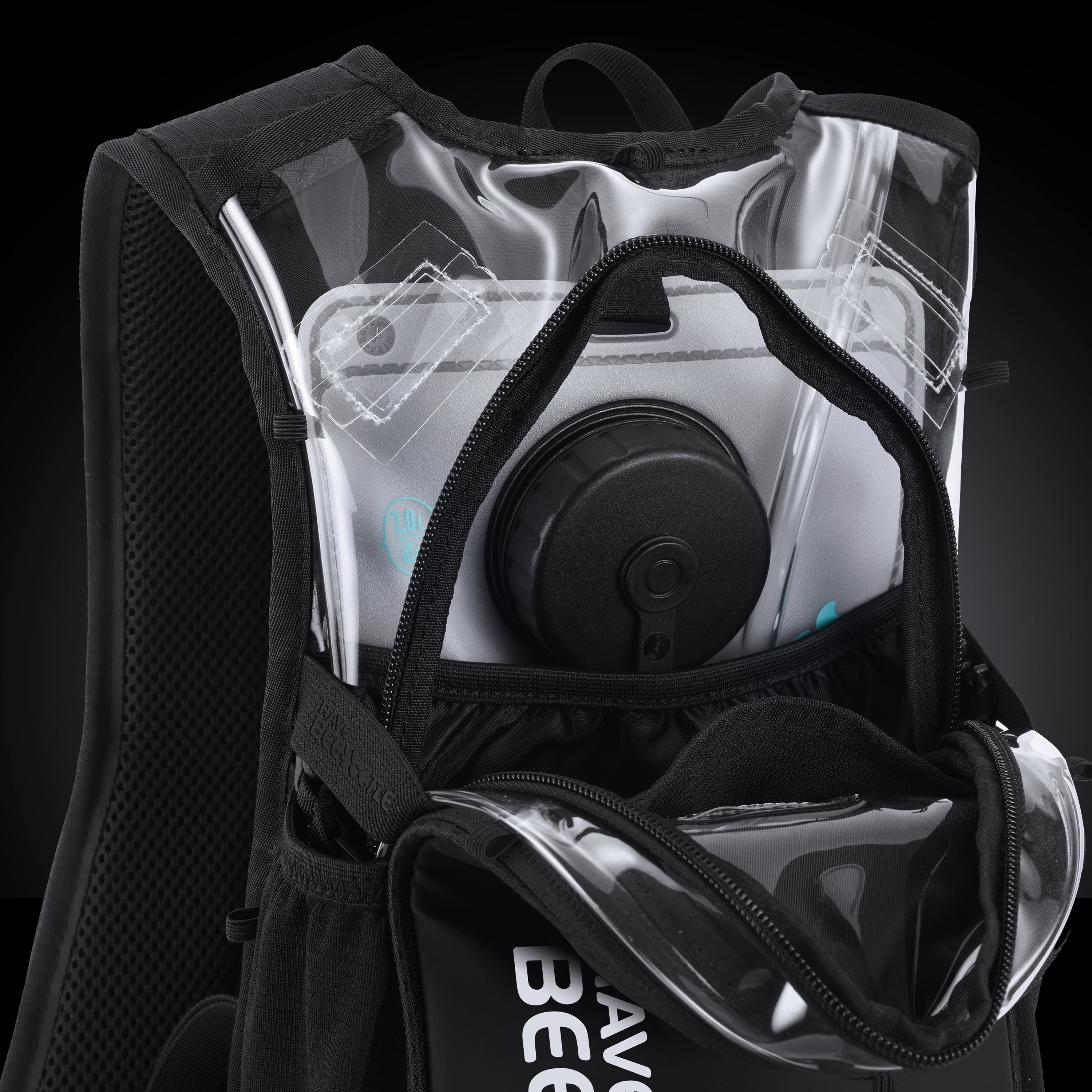 RaveBeetle Elytra AIR LED Hydration Backpack – Lightweight Festival Pack with 2L Water Bladder (Clear)