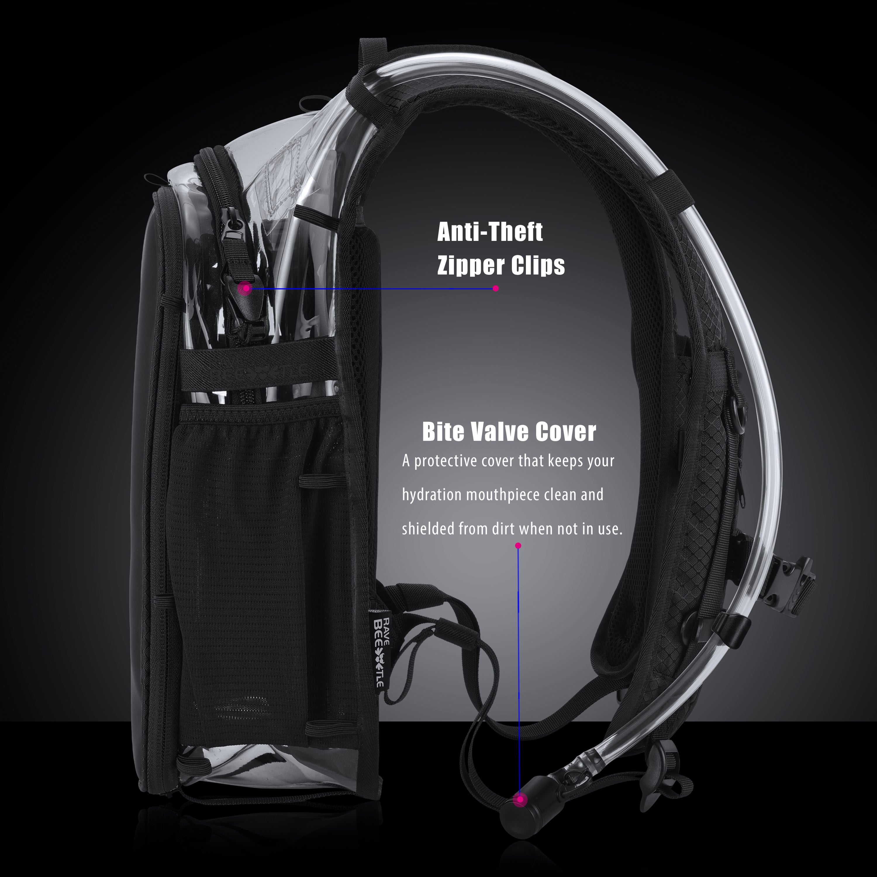 RaveBeetle Elytra AIR LED Hydration Backpack – Lightweight Festival Pack with 2L Water Bladder (Clear)