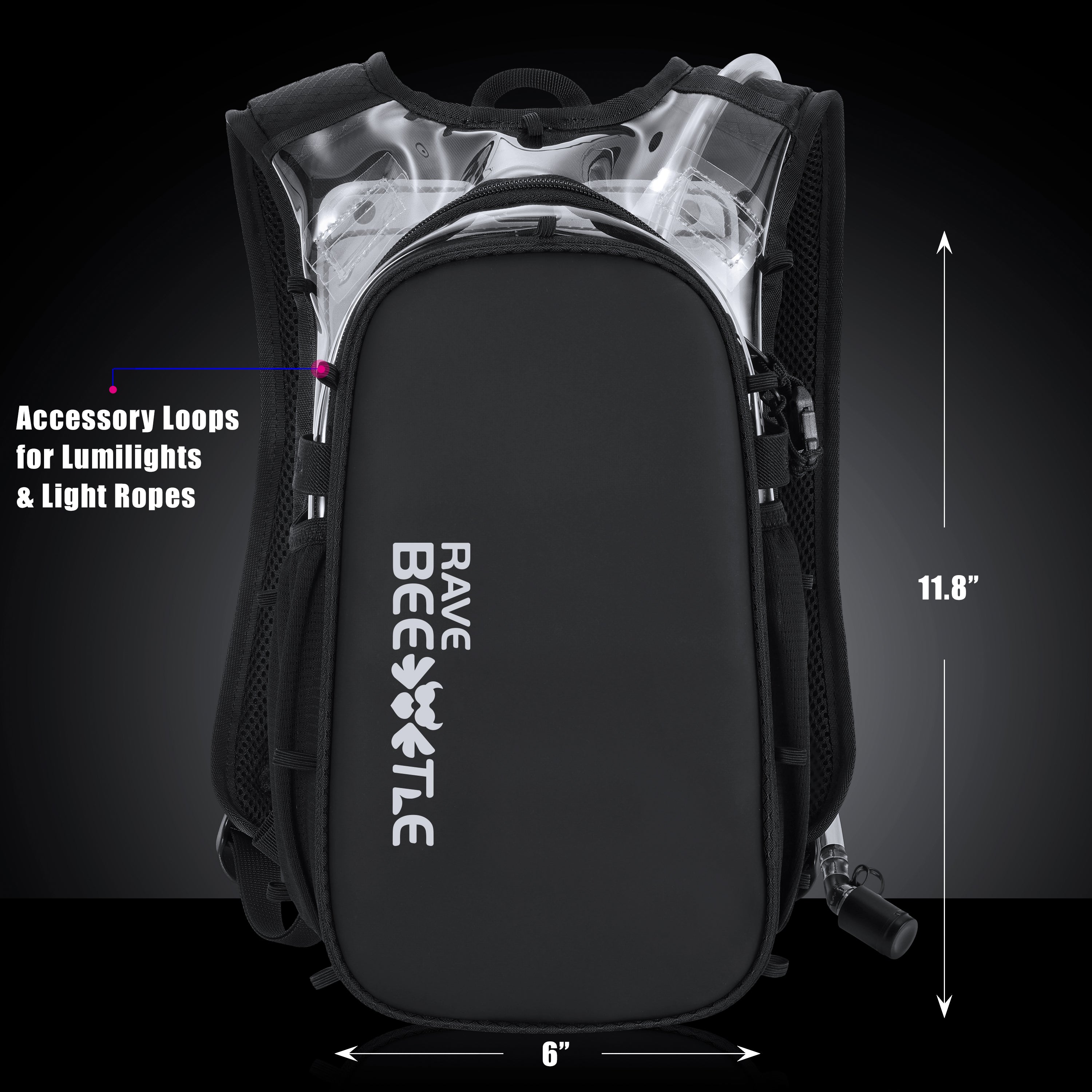 RaveBeetle Elytra AIR LED Hydration Backpack – Lightweight Festival Pack with 2L Water Bladder (Clear)