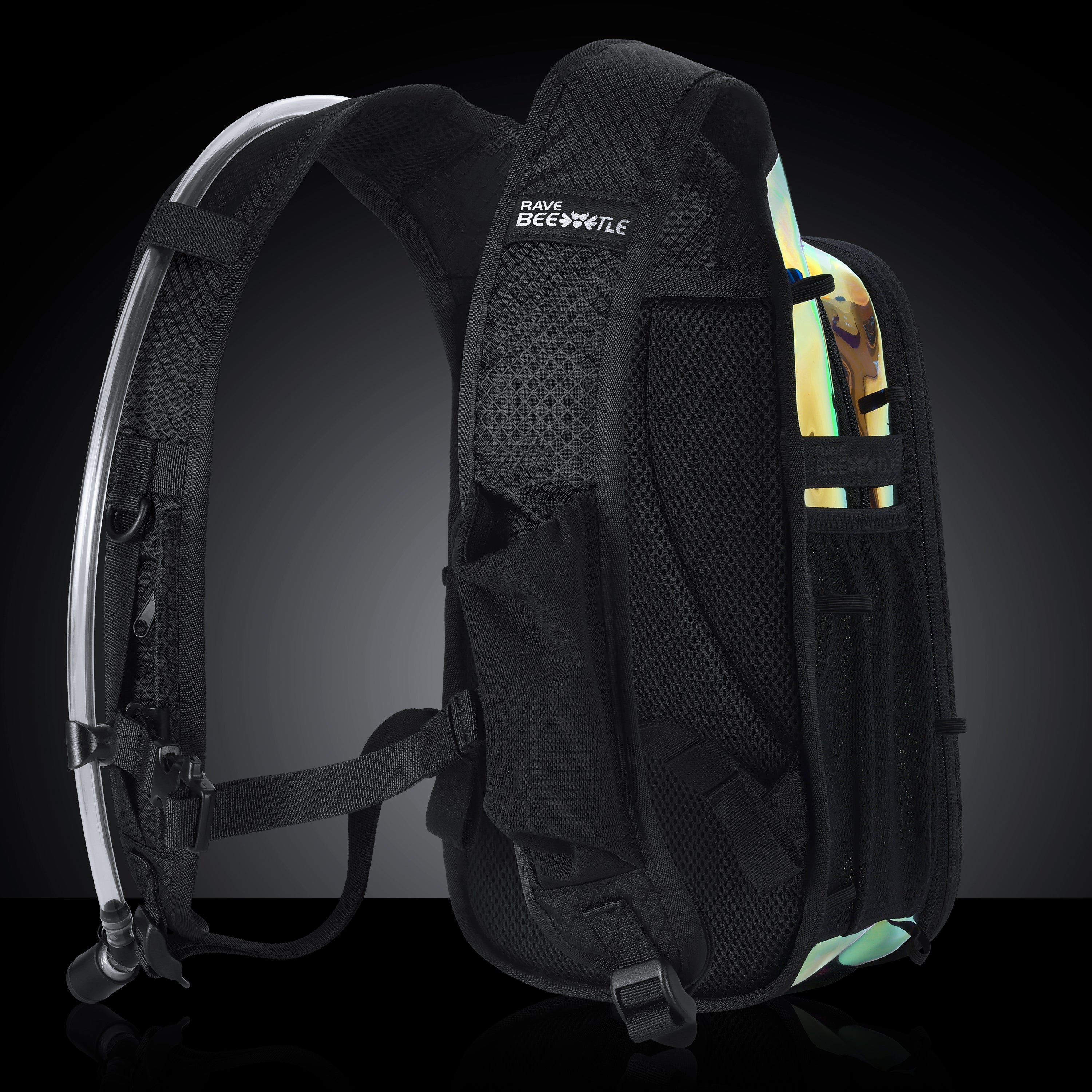 RaveBeetle Elytra AIR LED Hydration Backpack – Lightweight Festival Pack with 2L Water Bladder (Holographic Galaxy)