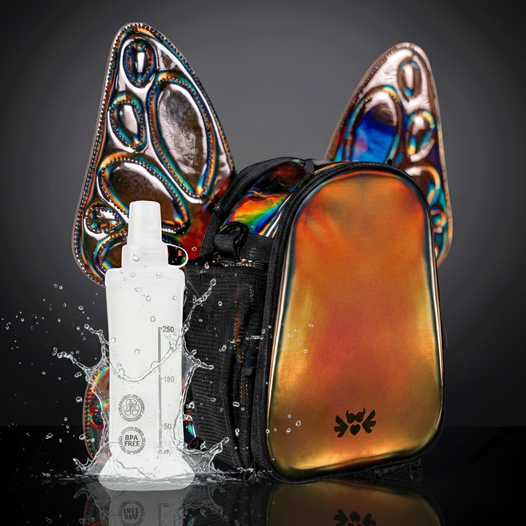 RaveBeetle FLOWt LED Festival Hydration Pack β Swappable Wing Rave Backpack with 8oz Soft Water Bottle & Light Accessory (Holographic Mocha)