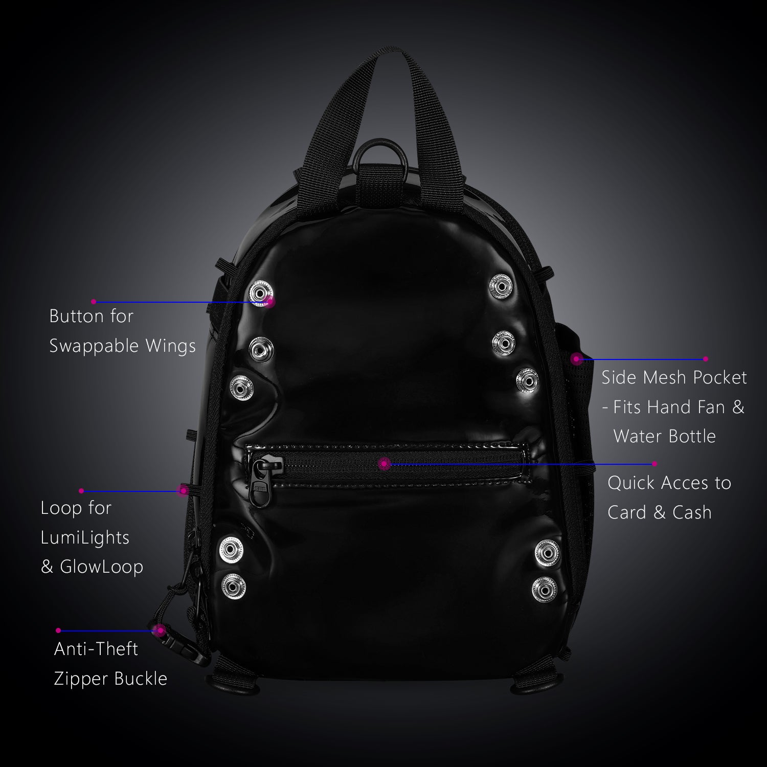RaveBeetle FLOWt LED Festival Hydration Pack – Swappable Wing Rave Backpack with 8oz Soft Water Bottle & Light Accessory (Black)