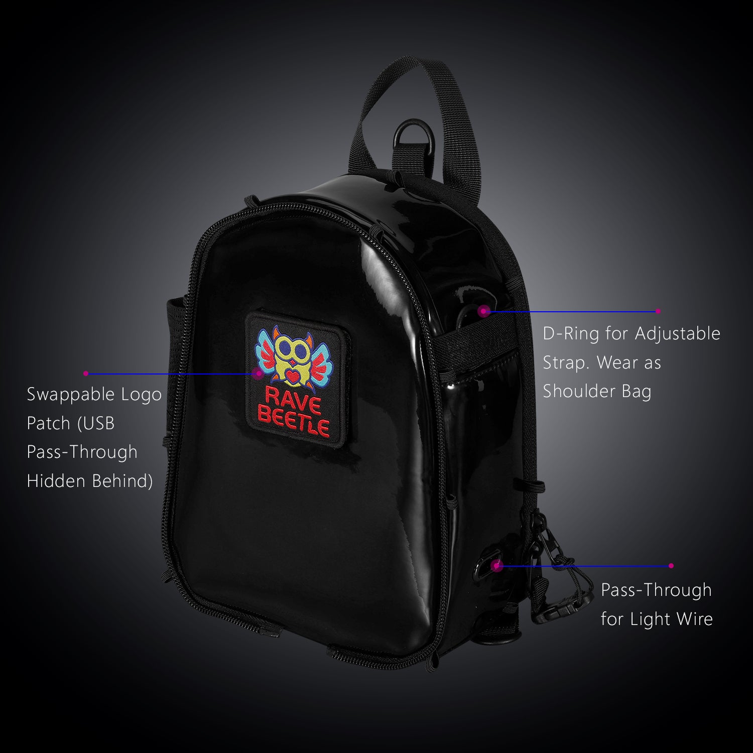 RaveBeetle FLOWt Pin Display Festival Pack – Swappable Wing Rave Backpack with 8oz Soft Water Bottle & Light Accessory (Black)