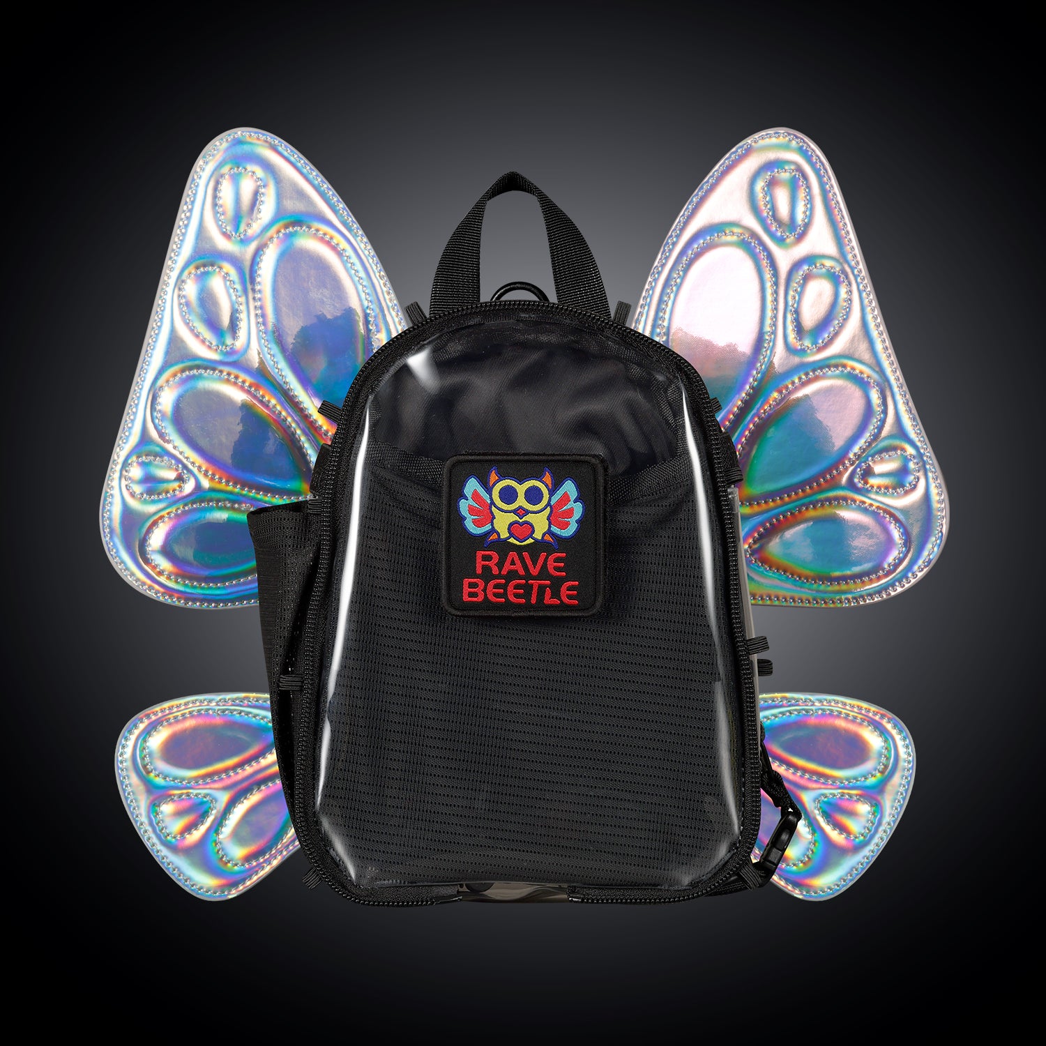 RaveBeetle FLOWt Pin Display Hydration Festival Pack – Swappable Wing Rave Backpack with 8oz Soft Water Bottle & Light Accessory(Clear)