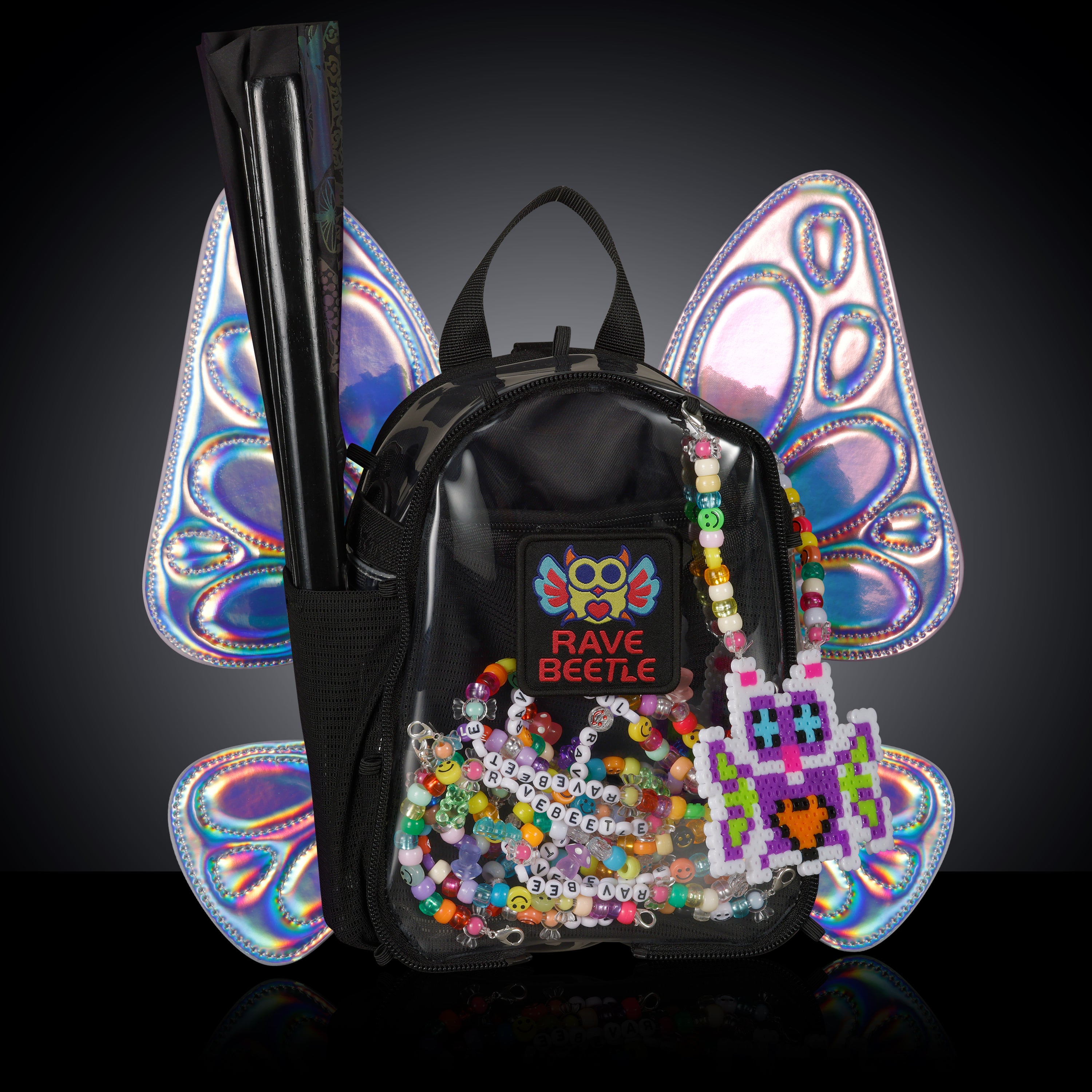 RaveBeetle FLOWt LED Festival Hydration Pack – Swappable Wing Rave Backpack with 8oz Soft Water Bottle & Light Accessory (Clear)
