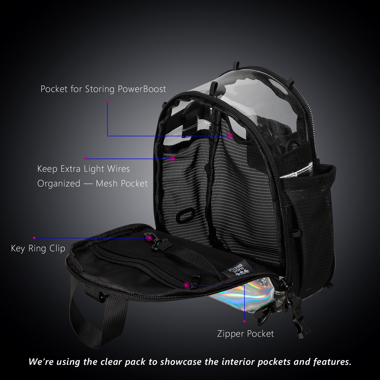 RaveBeetle FLOWt Pin Display Festival Pack – Swappable Wing Rave Backpack with 8oz Soft Water Bottle & Light Accessory(Clear)