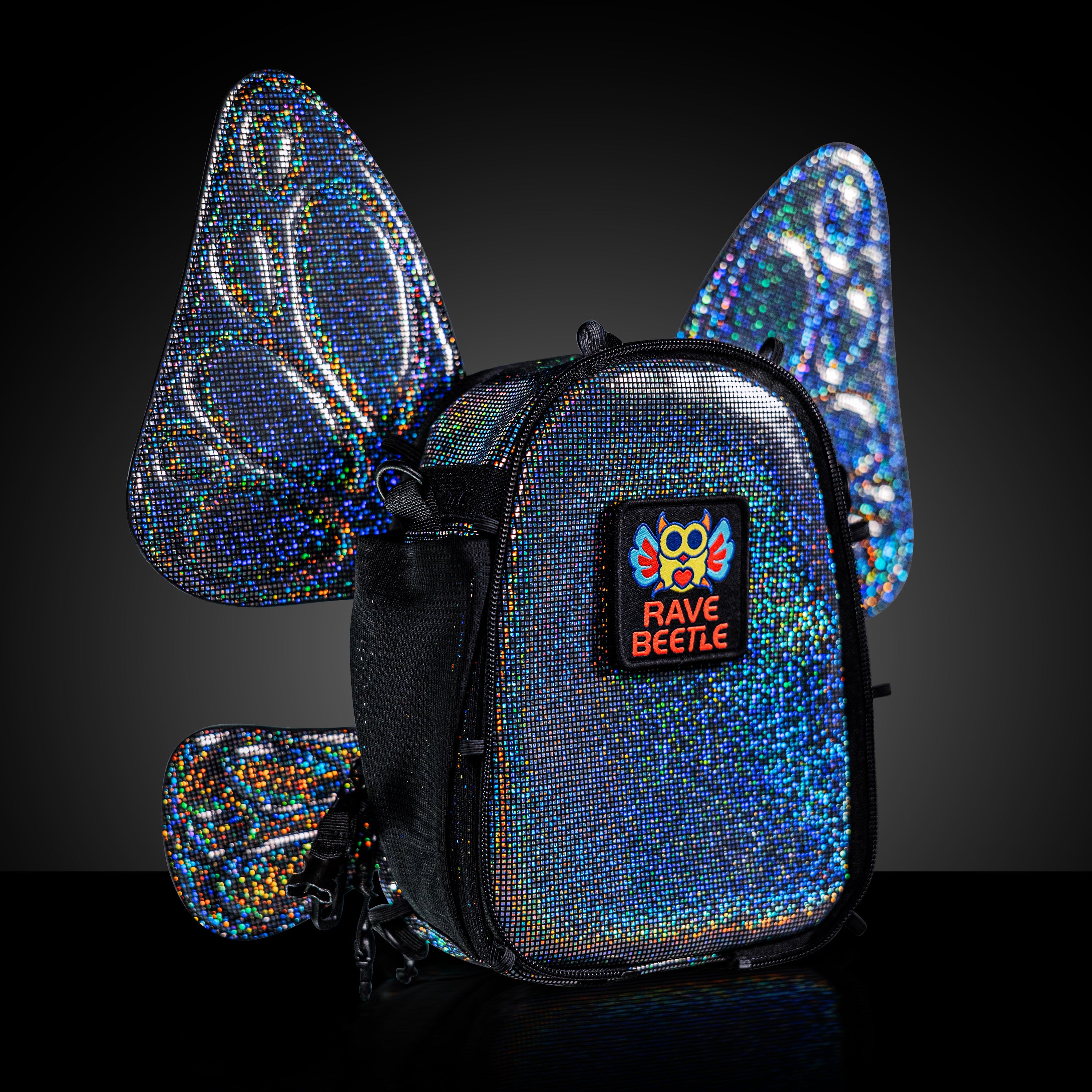 RaveBeetle FLOWt Pin Display Festival Pack – Swappable Wing Rave Backpack with 8oz Soft Water Bottle & Light Accessory (Disco)