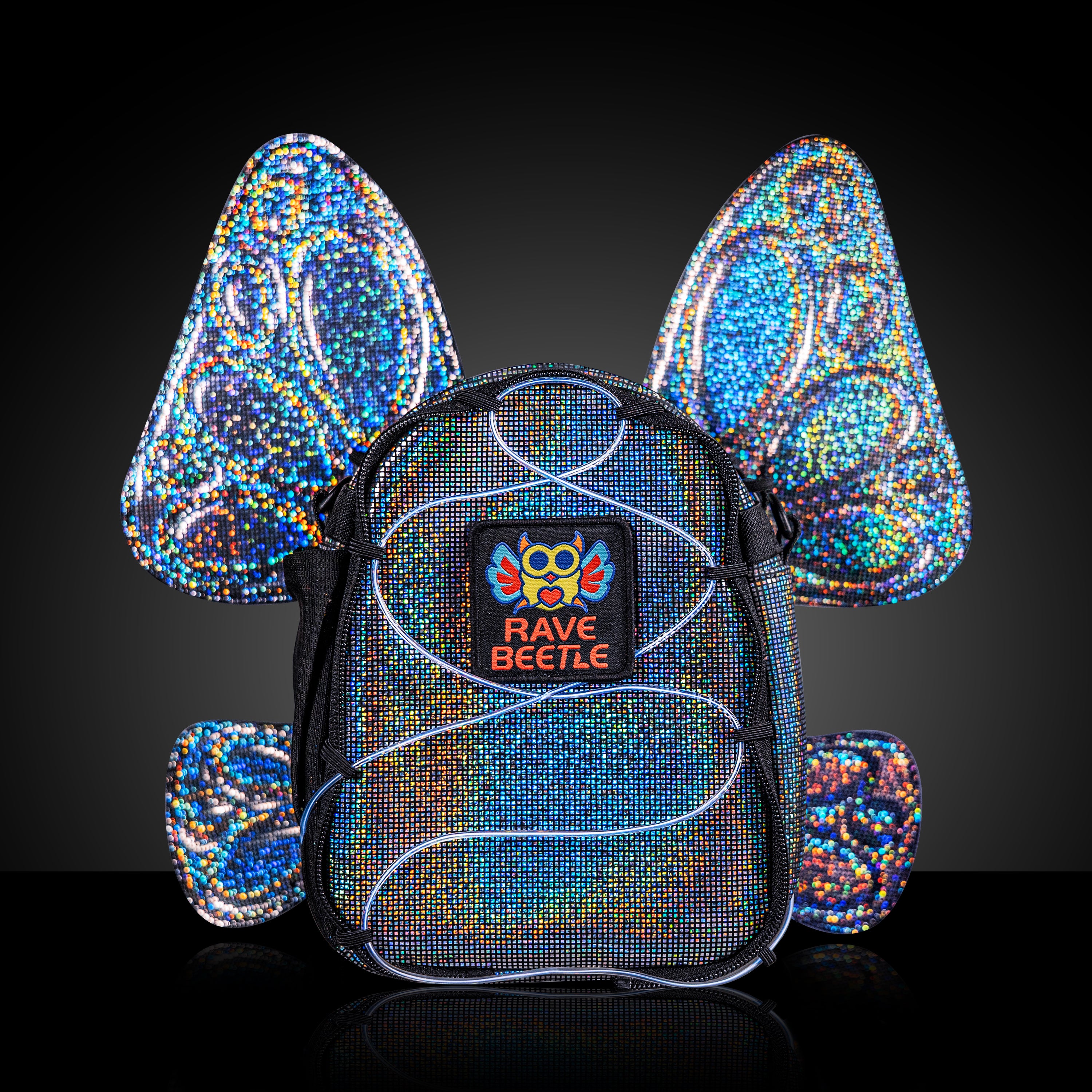 RaveBeetle FLOWt Pin Display Hydration Festival Pack – Swappable Wing Rave Backpack with 8oz Soft Water Bottle & Light Accessory (Disco)