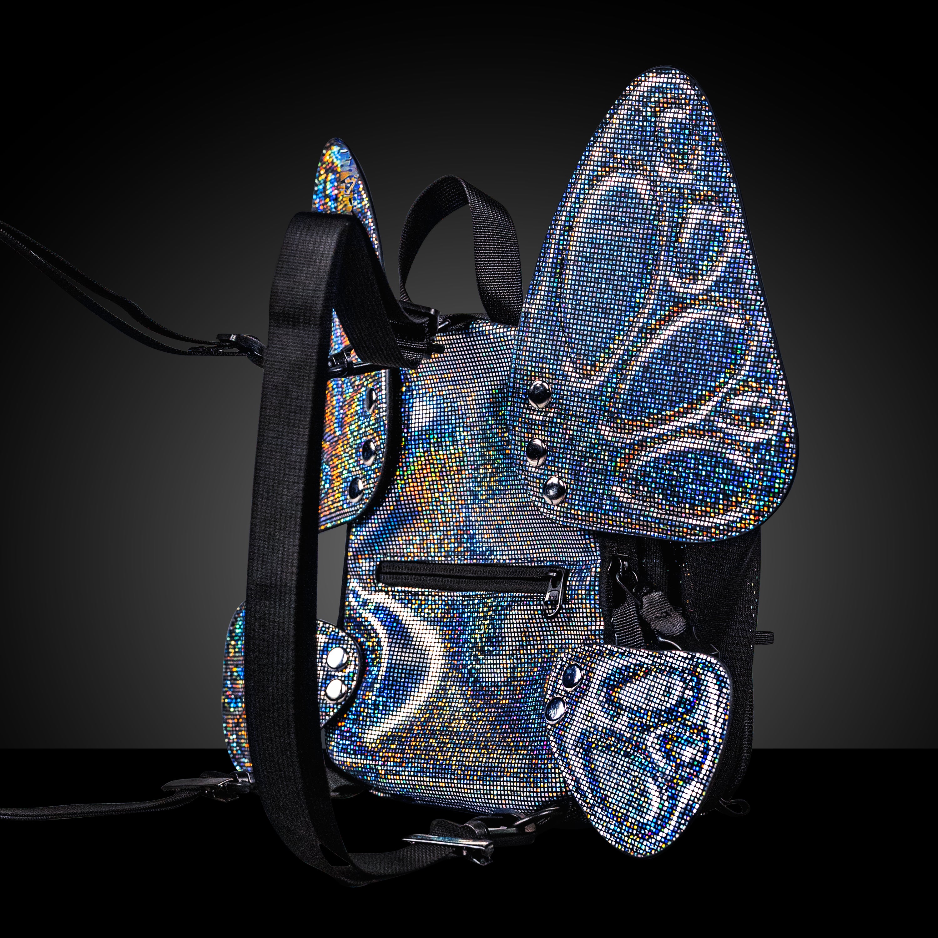RaveBeetle FLOWt Pin Display Hydration Festival Pack – Swappable Wing Rave Backpack with 8oz Soft Water Bottle & Light Accessory (Disco)