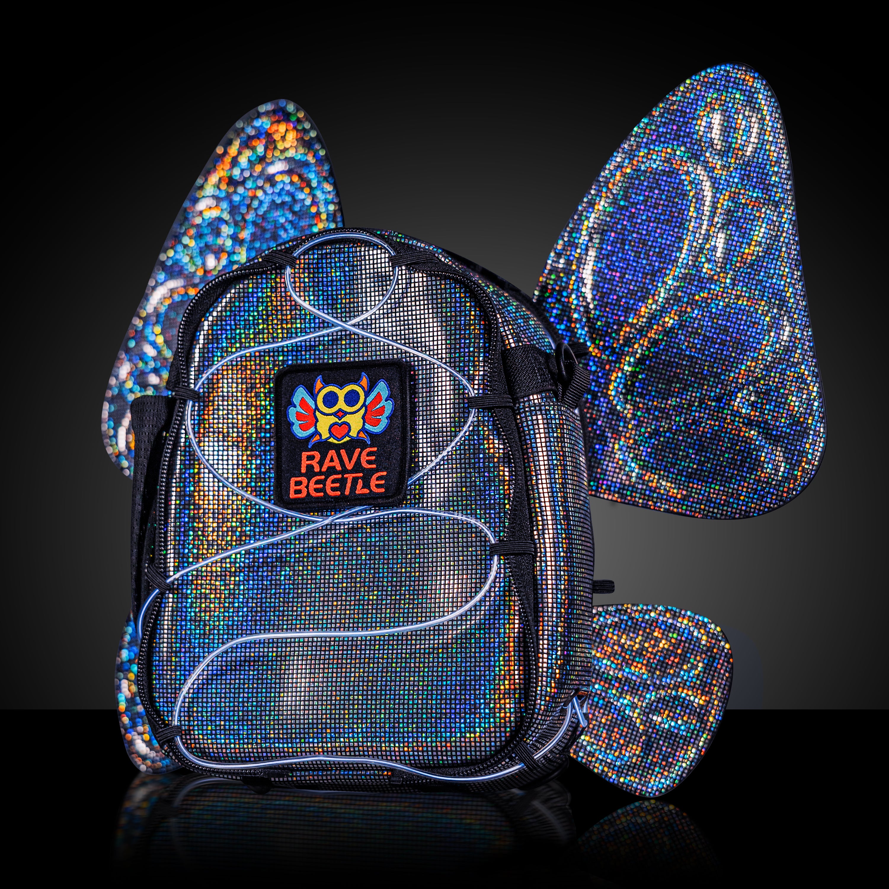 RaveBeetle FLOWt Pin Display Hydration Festival Pack – Swappable Wing Rave Backpack with 8oz Soft Water Bottle & Light Accessory (Disco)