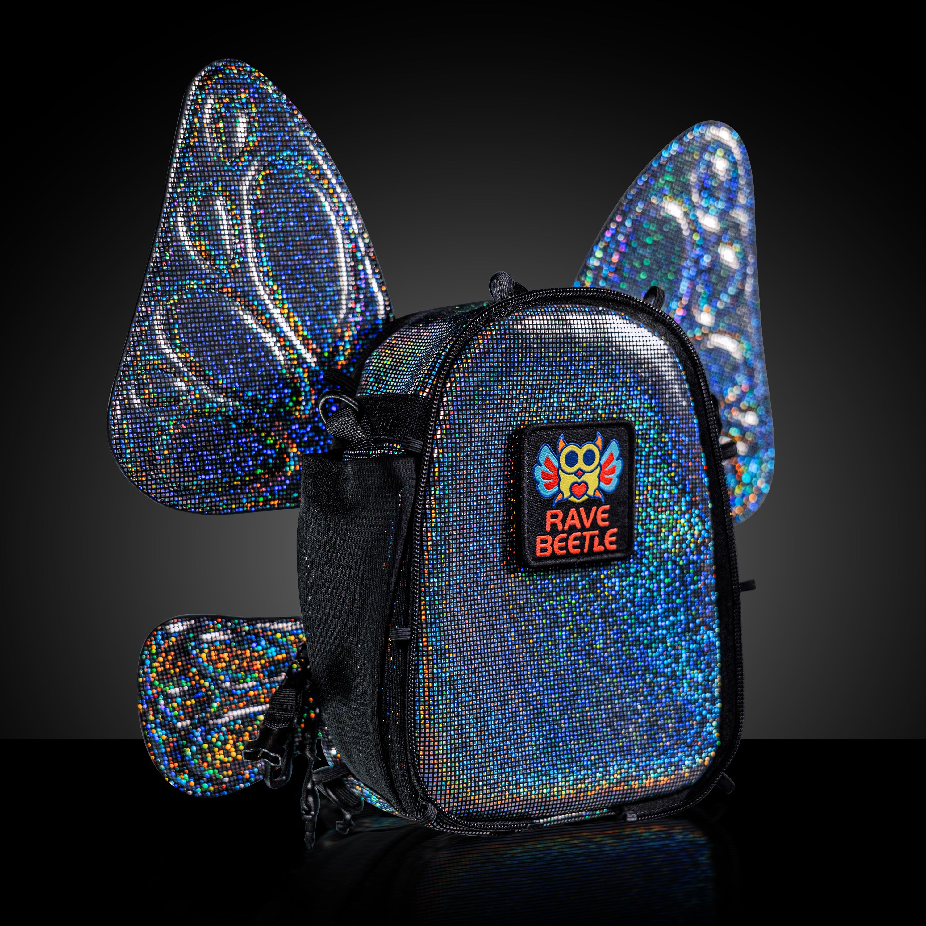 RaveBeetle FLOWt Pin Display Hydration Festival Pack – Swappable Wing Rave Backpack with 8oz Soft Water Bottle & Light Accessory (Disco)
