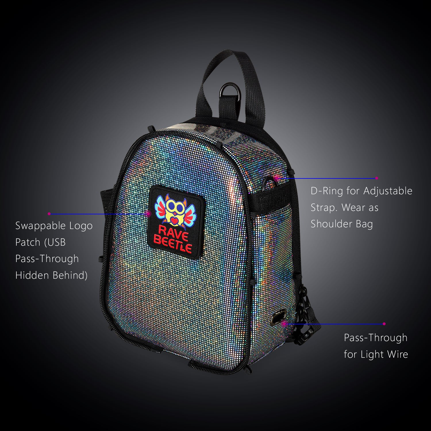RaveBeetle FLOWt Pin Display Festival Pack – Swappable Wing Rave Backpack with 8oz Soft Water Bottle & Light Accessory (Disco)