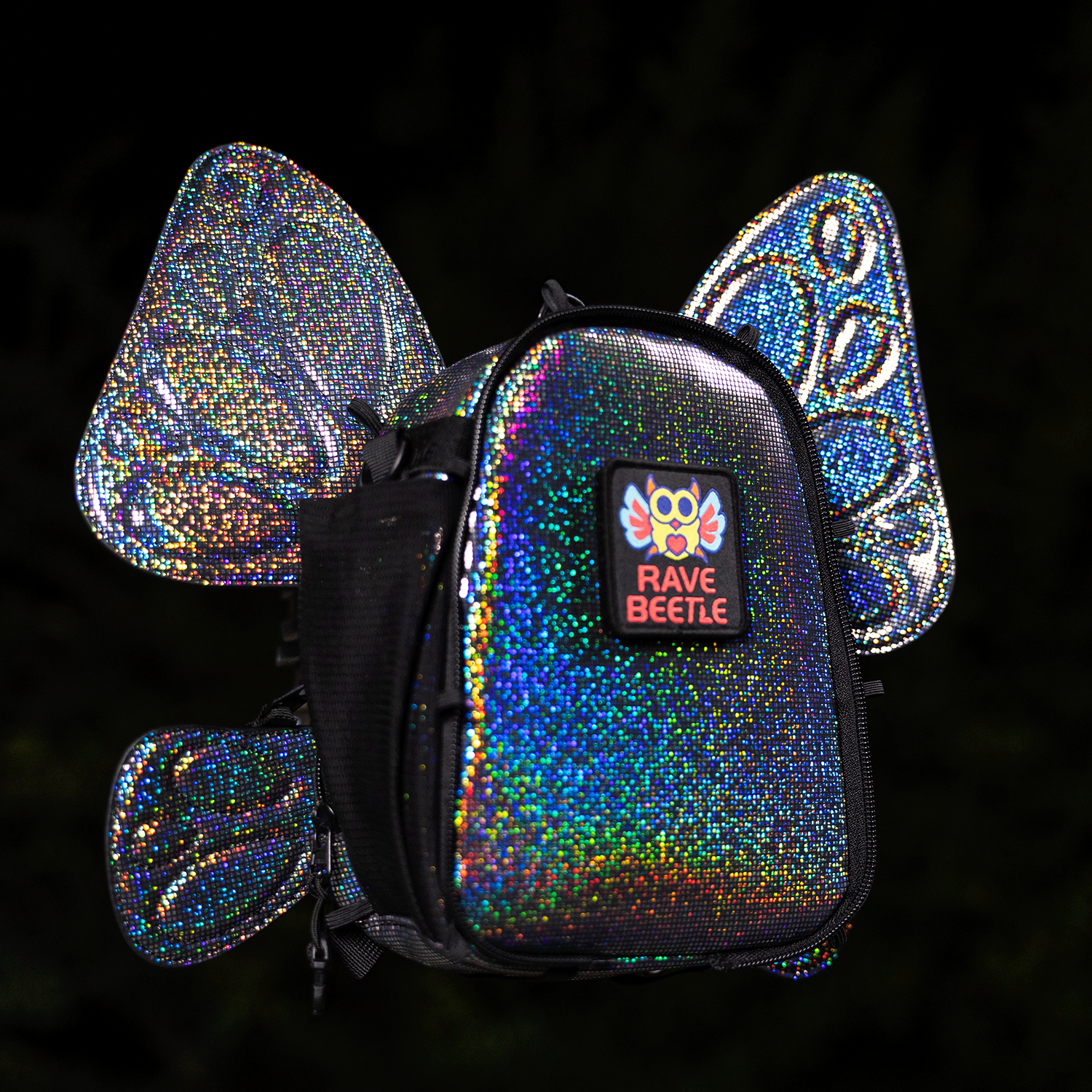 RaveBeetle FLOWt LED Festival Hydration Pack – Swappable Wing Rave Backpack with 8oz Soft Water Bottle & Light Accessory (Disco)