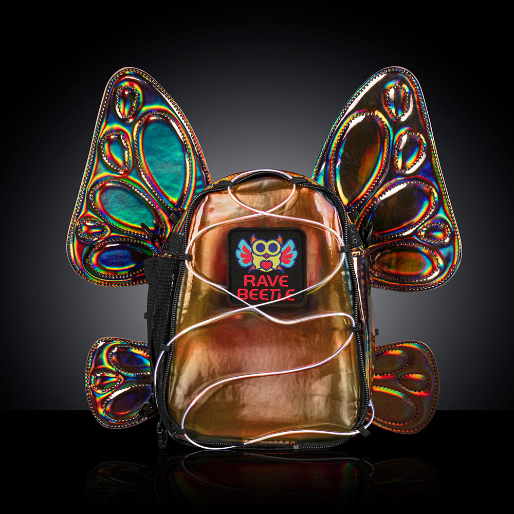 RaveBeetle FLOWt Pin Display Hydration Festival Pack โ Swappable Wing Rave Backpack with 8oz Soft Water Bottle & Light Accessory (Mocha)