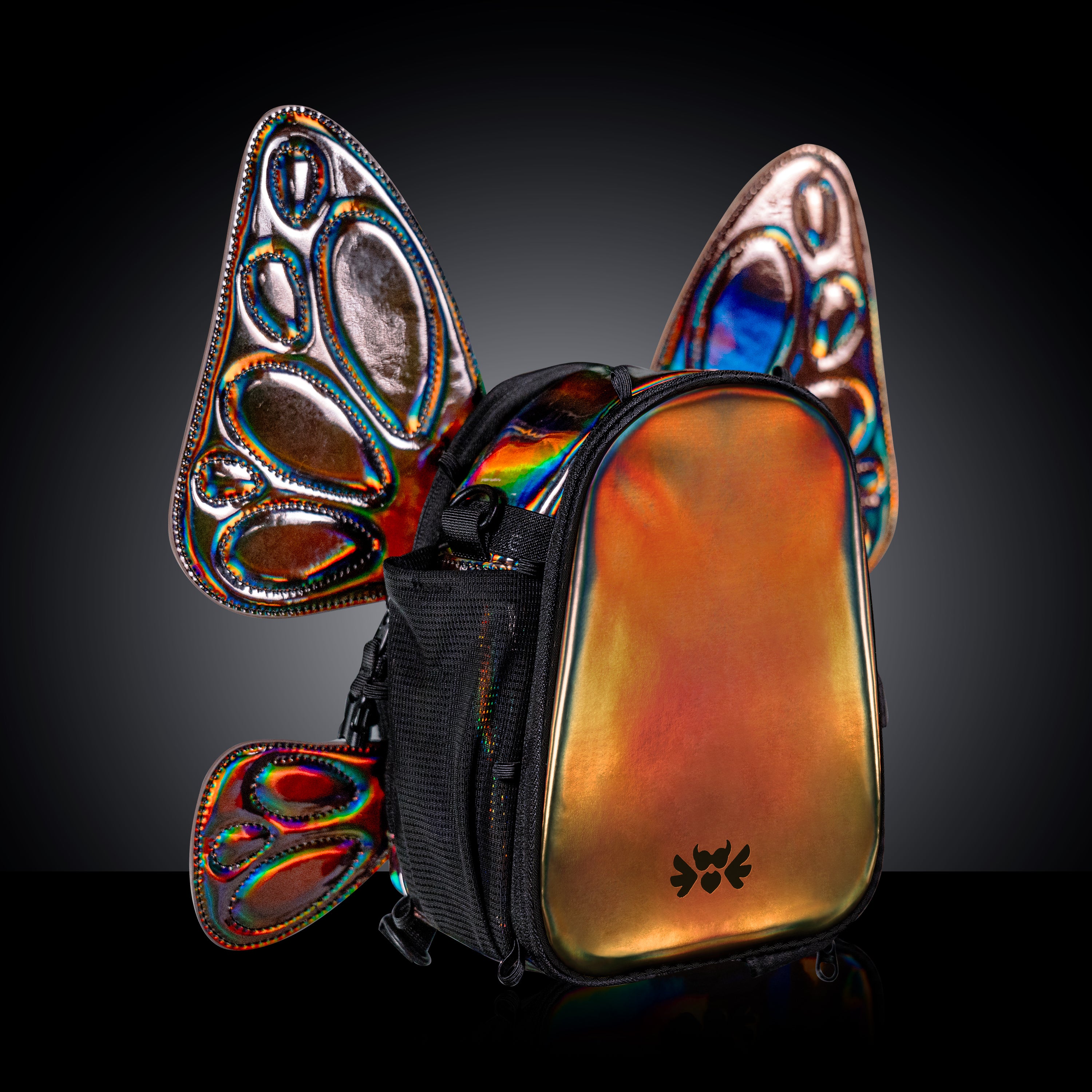 RaveBeetle FLOWt Pin Display Hydration Festival Pack โ Swappable Wing Rave Backpack with 8oz Soft Water Bottle & Light Accessory (Mocha)