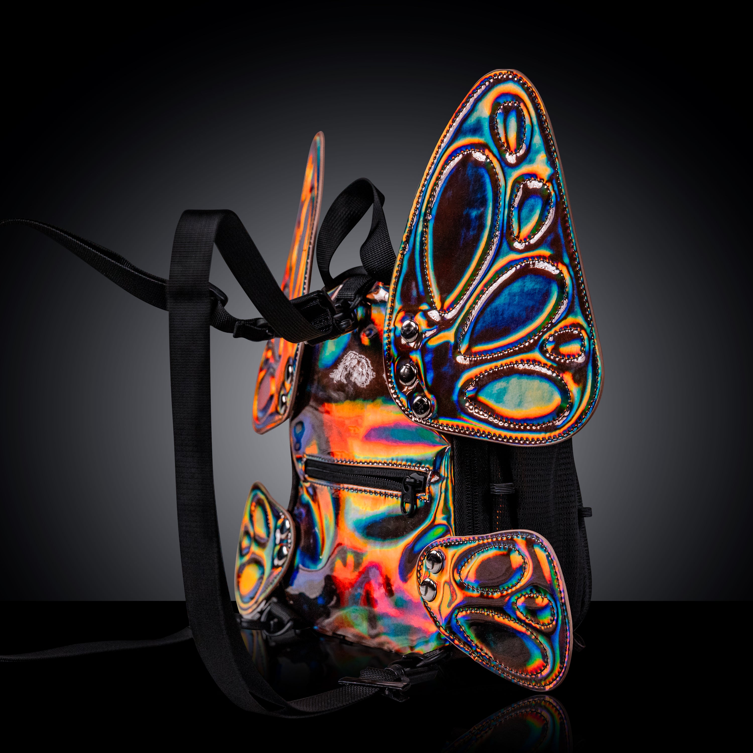 RaveBeetle FLOWt Pin Display Hydration Festival Pack โ Swappable Wing Rave Backpack with 8oz Soft Water Bottle & Light Accessory (Mocha)