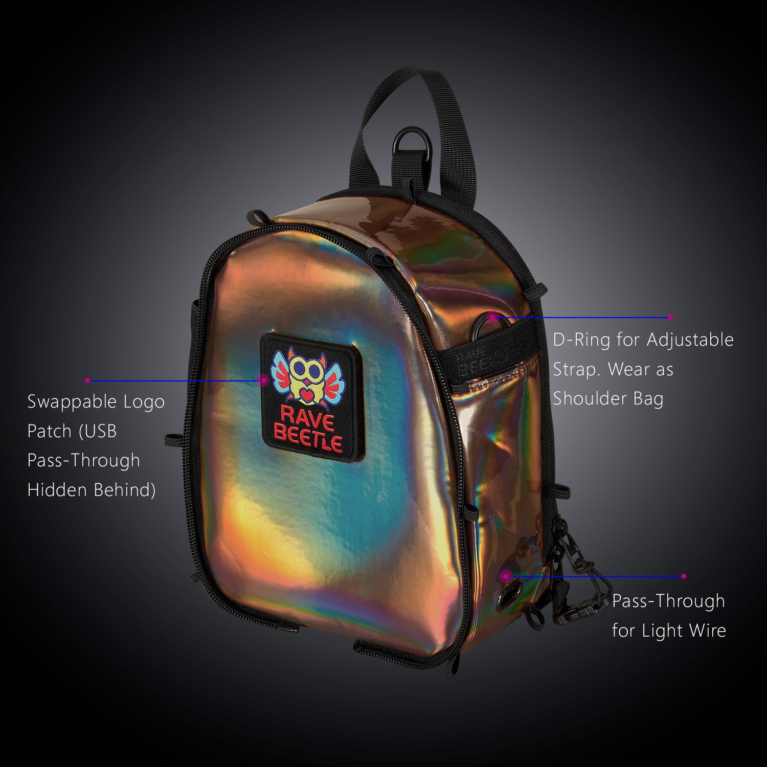 RaveBeetle FLOWt Pin Display Hydration Festival Pack โ Swappable Wing Rave Backpack with 8oz Soft Water Bottle & Light Accessory (Mocha)