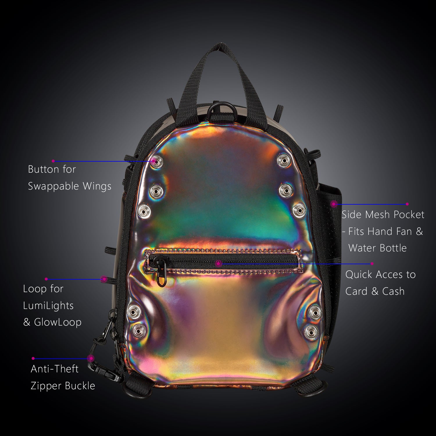 RaveBeetle FLOWt Pin Display Hydration Festival Pack โ Swappable Wing Rave Backpack with 8oz Soft Water Bottle & Light Accessory (Mocha)
