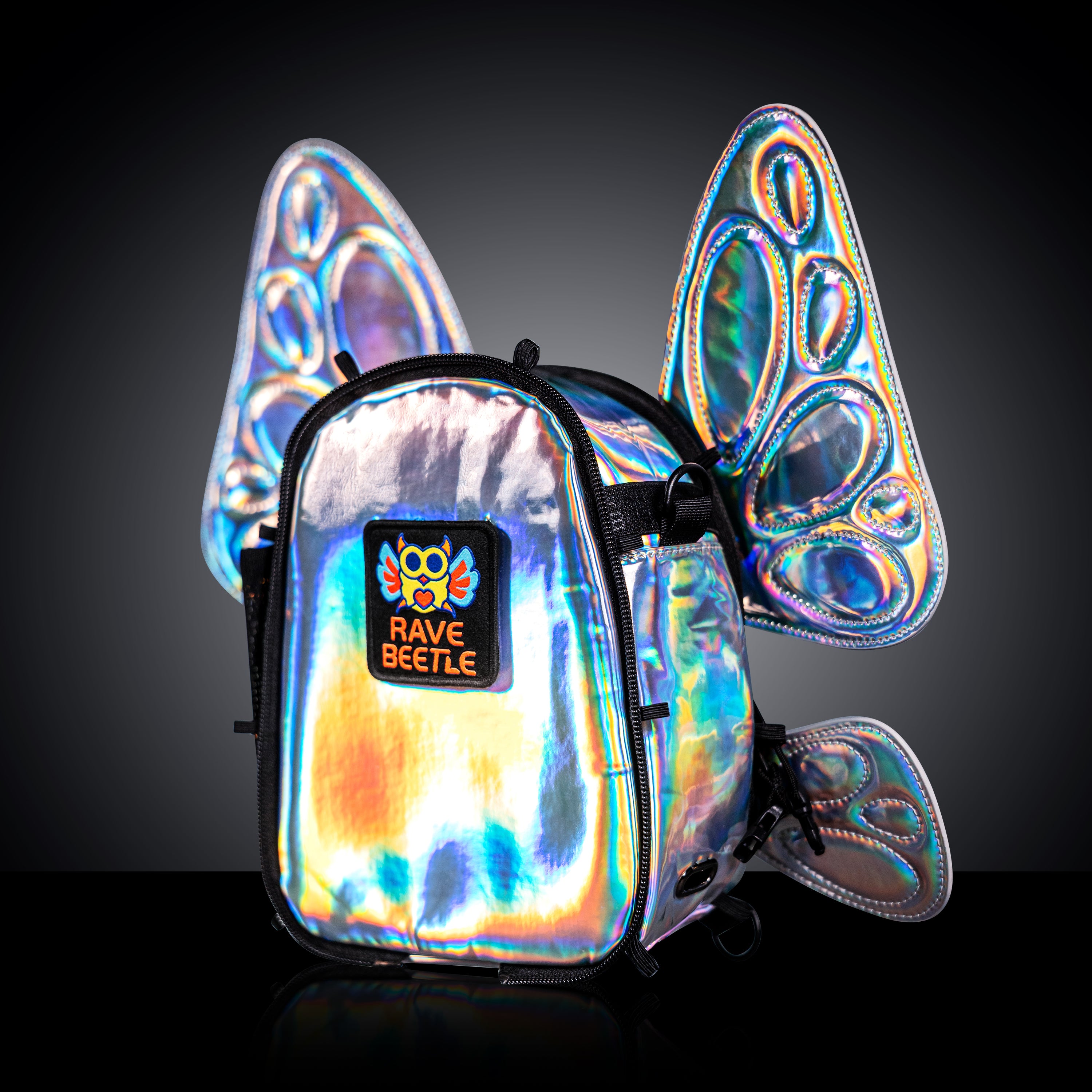 RaveBeetle FLOWt LED Festival Hydration Pack – Swappable Wing Rave Backpack with 8oz Soft Water Bottle & Light Accessory (Holographic Silver)