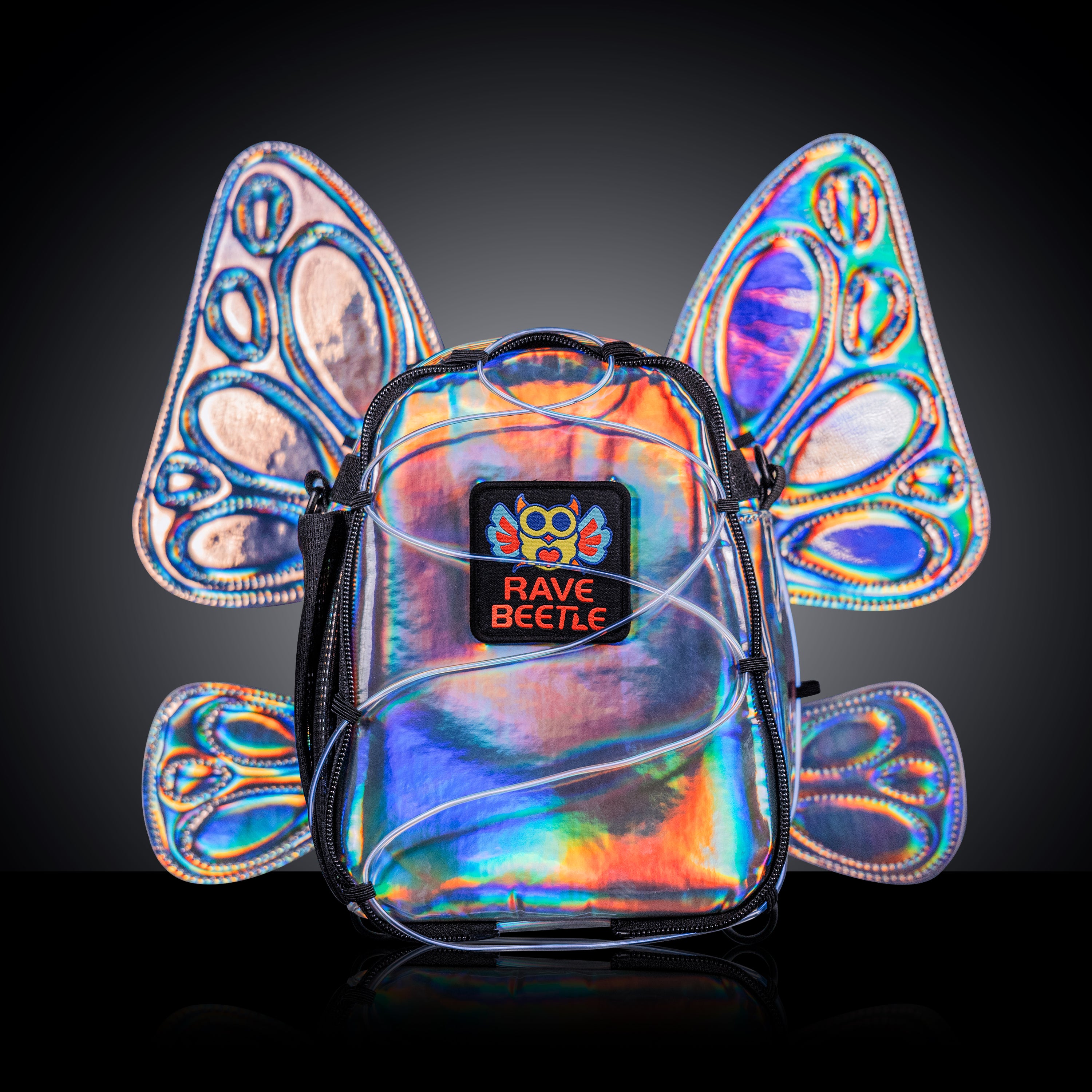 RaveBeetle FLOWt Pin Display Hydration Festival Pack โ Swappable Wing Rave Backpack with 8oz Soft Water Bottle & Light Accessory (Silver)