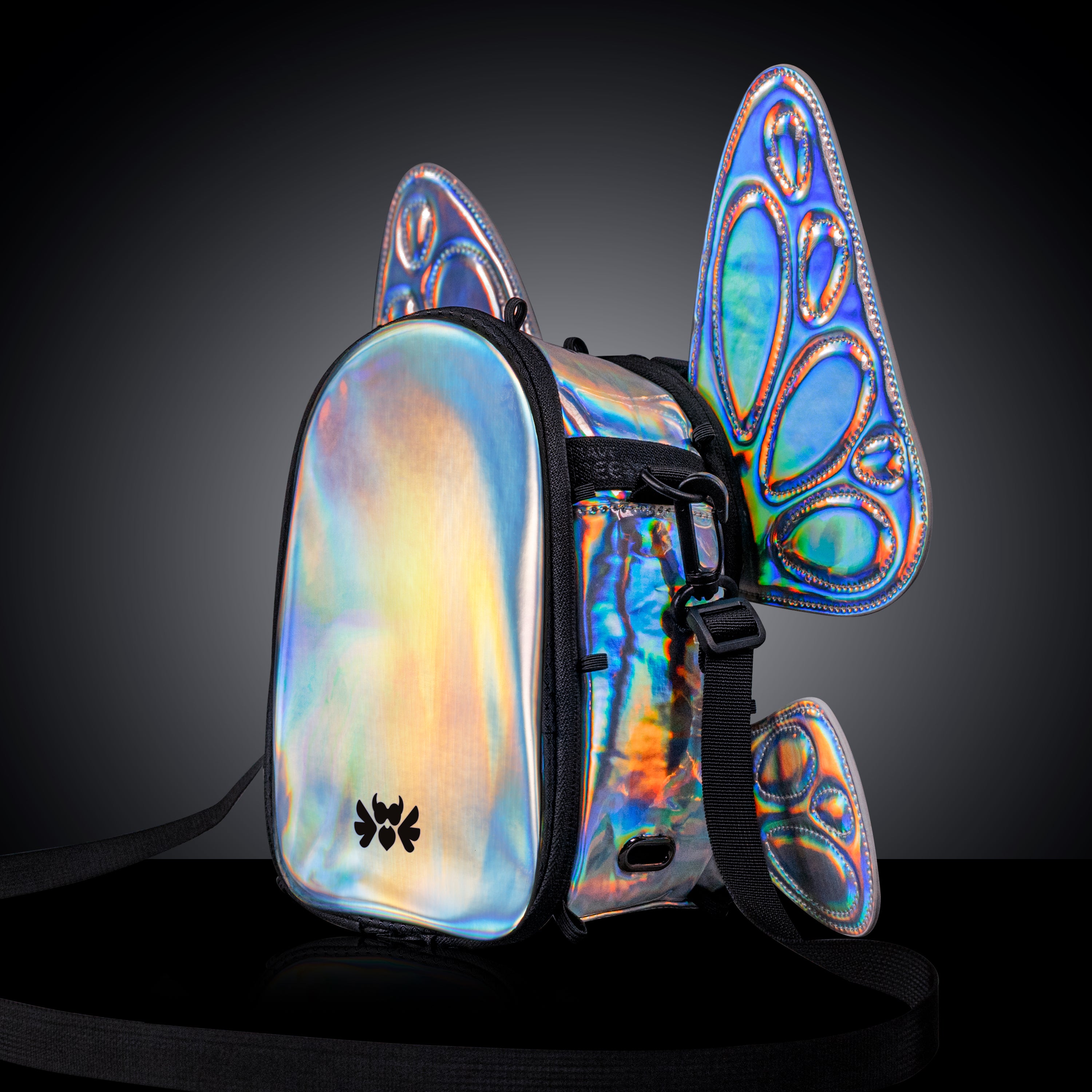 RaveBeetle FLOWt Pin Display Hydration Festival Pack โ Swappable Wing Rave Backpack with 8oz Soft Water Bottle & Light Accessory (Silver)