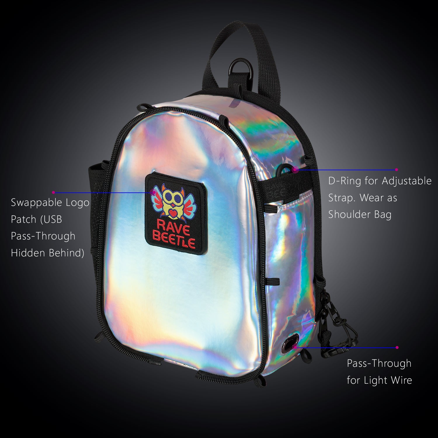RaveBeetle FLOWt Pin Display Hydration Festival Pack โ Swappable Wing Rave Backpack with 8oz Soft Water Bottle & Light Accessory (Silver)