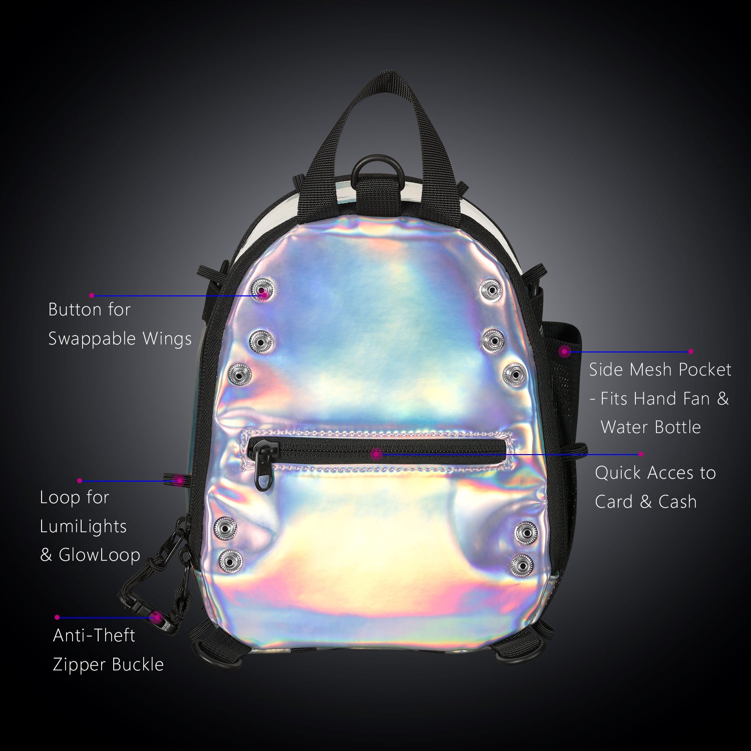 RaveBeetle FLOWt Pin Display Hydration Festival Pack โ Swappable Wing Rave Backpack with 8oz Soft Water Bottle & Light Accessory (Silver)
