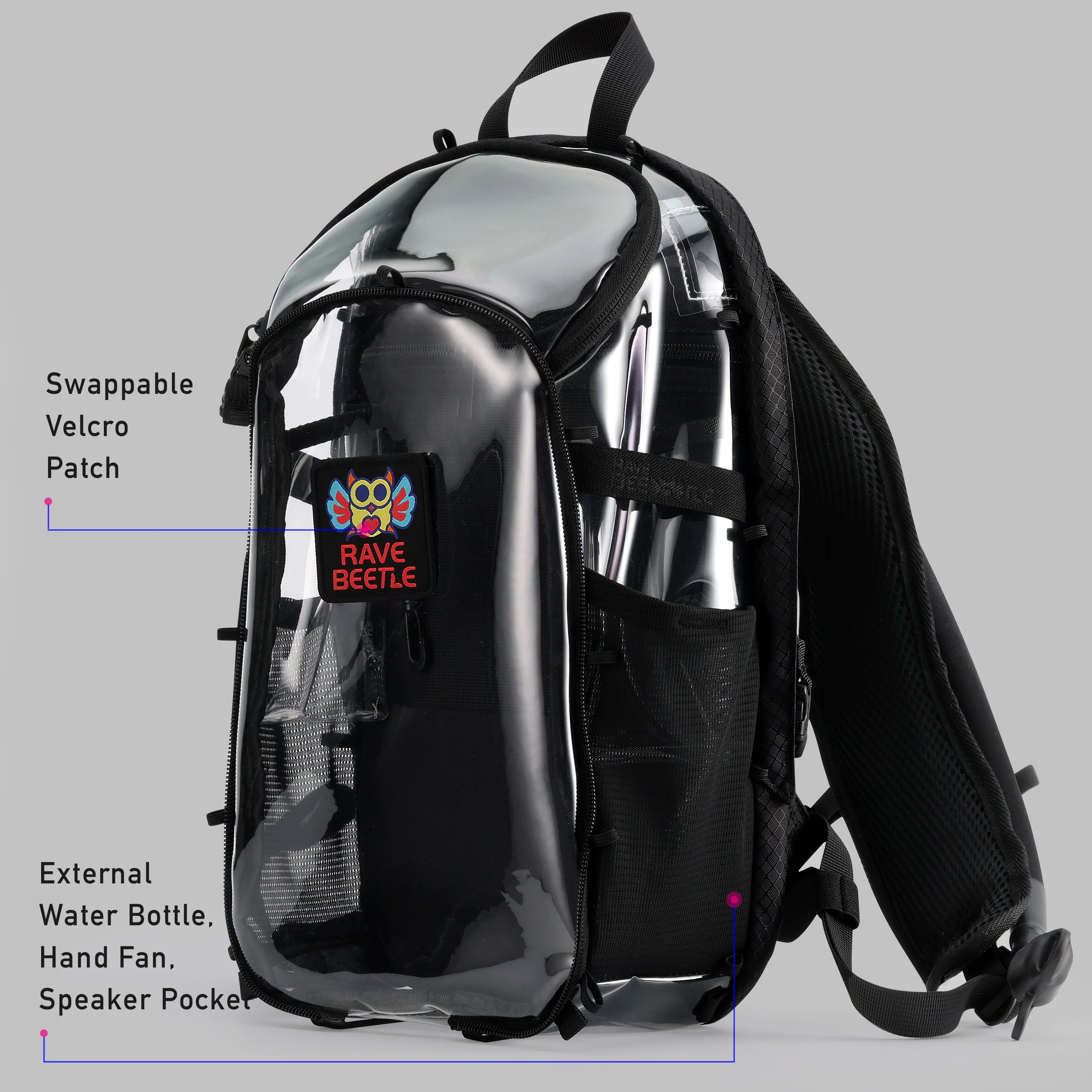 RaveBeetle Elytra Hydration Pack – Festival Backpack with Water Bladder (Clear)