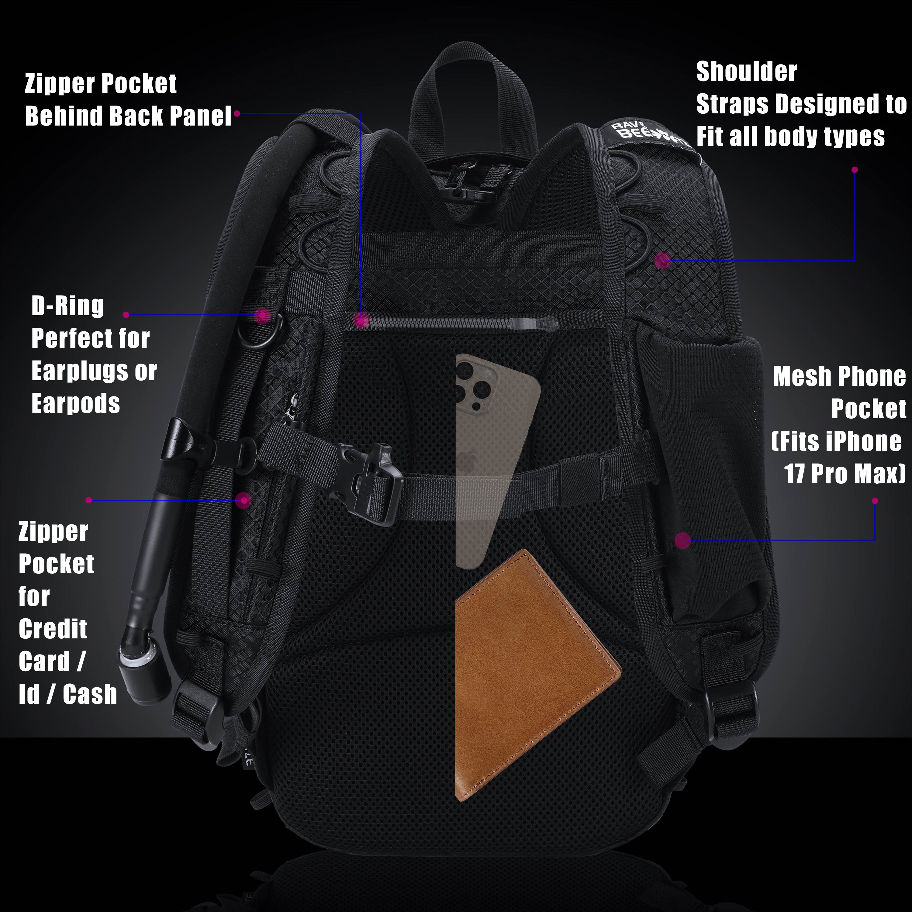 RaveBeetle Elytra LED Hydration Pack 3.0 – Festival Backpack with Water Bladder (Black)