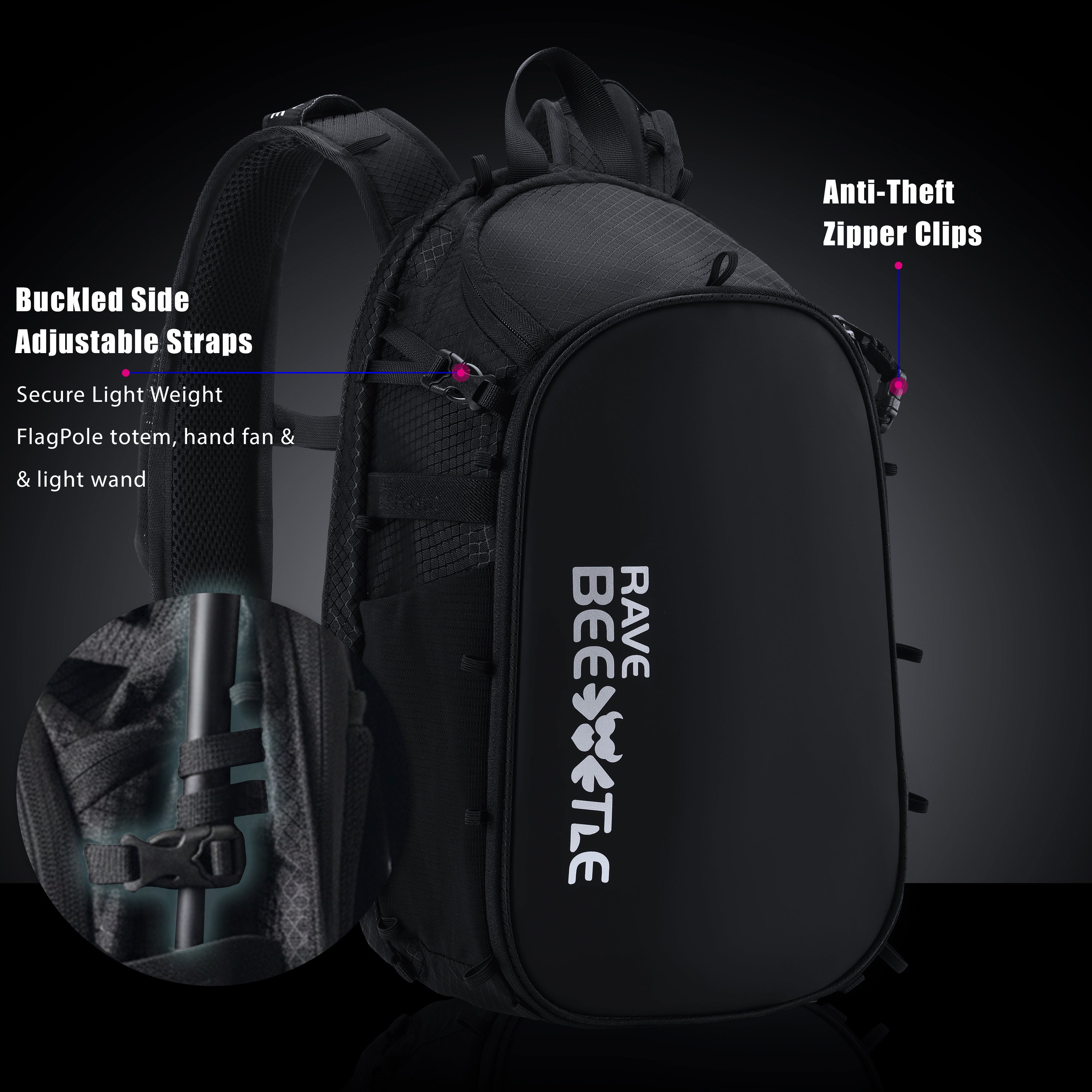 RaveBeetle Elytra LED Hydration Pack 3.0 – Festival Backpack with Water Bladder (Black)
