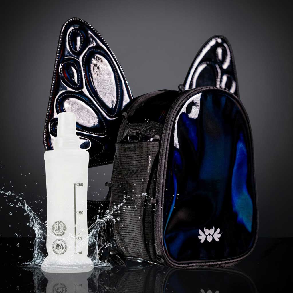 RaveBeetle FLOWt LED Festival Hydration Pack – Swappable Wing Rave Backpack with 8oz Soft Water Bottle & Light Accessory (Black)