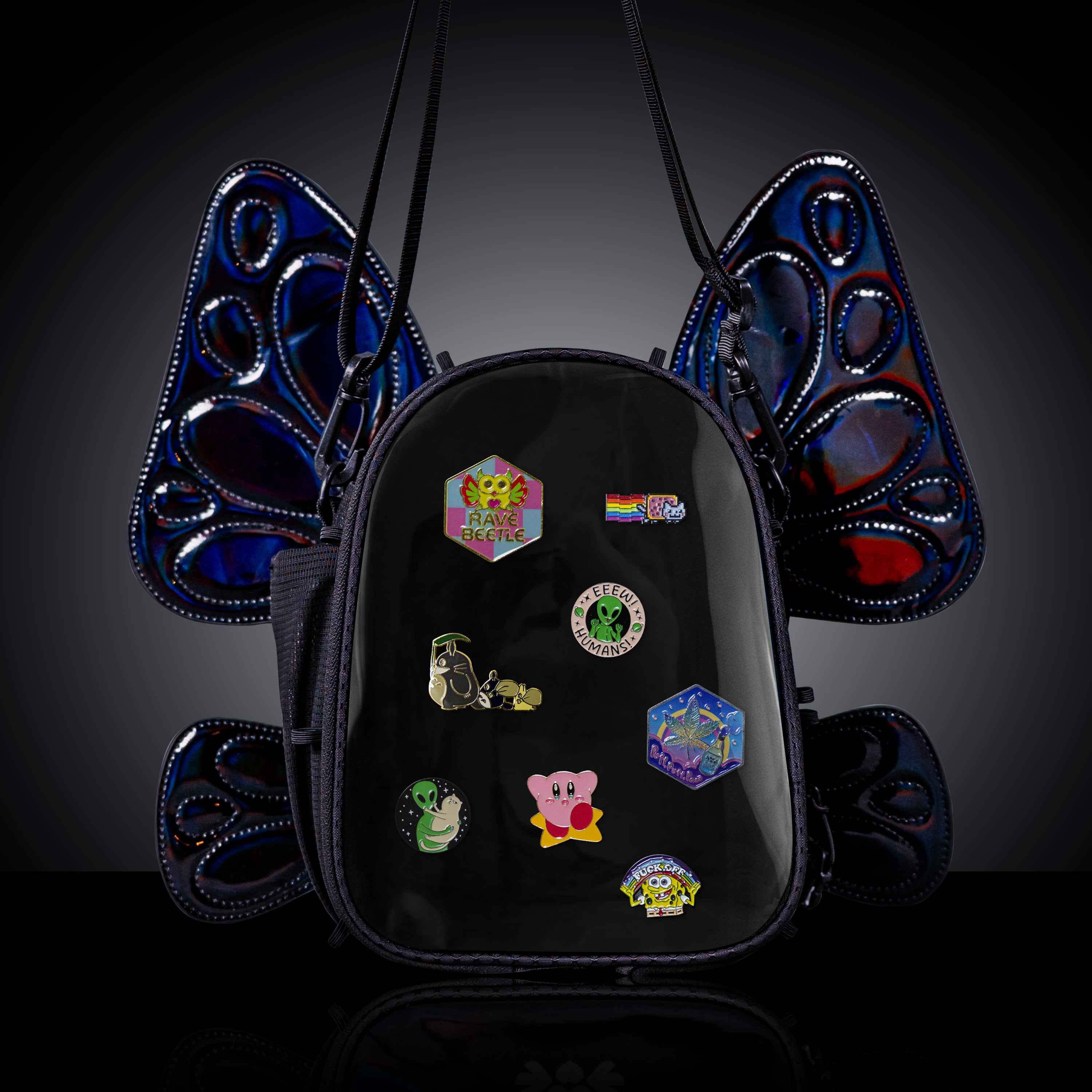 RaveBeetle FLOWt Pin Display Festival Pack – Swappable Wing Rave Backpack with 8oz Soft Water Bottle & Light Accessory (Black)
