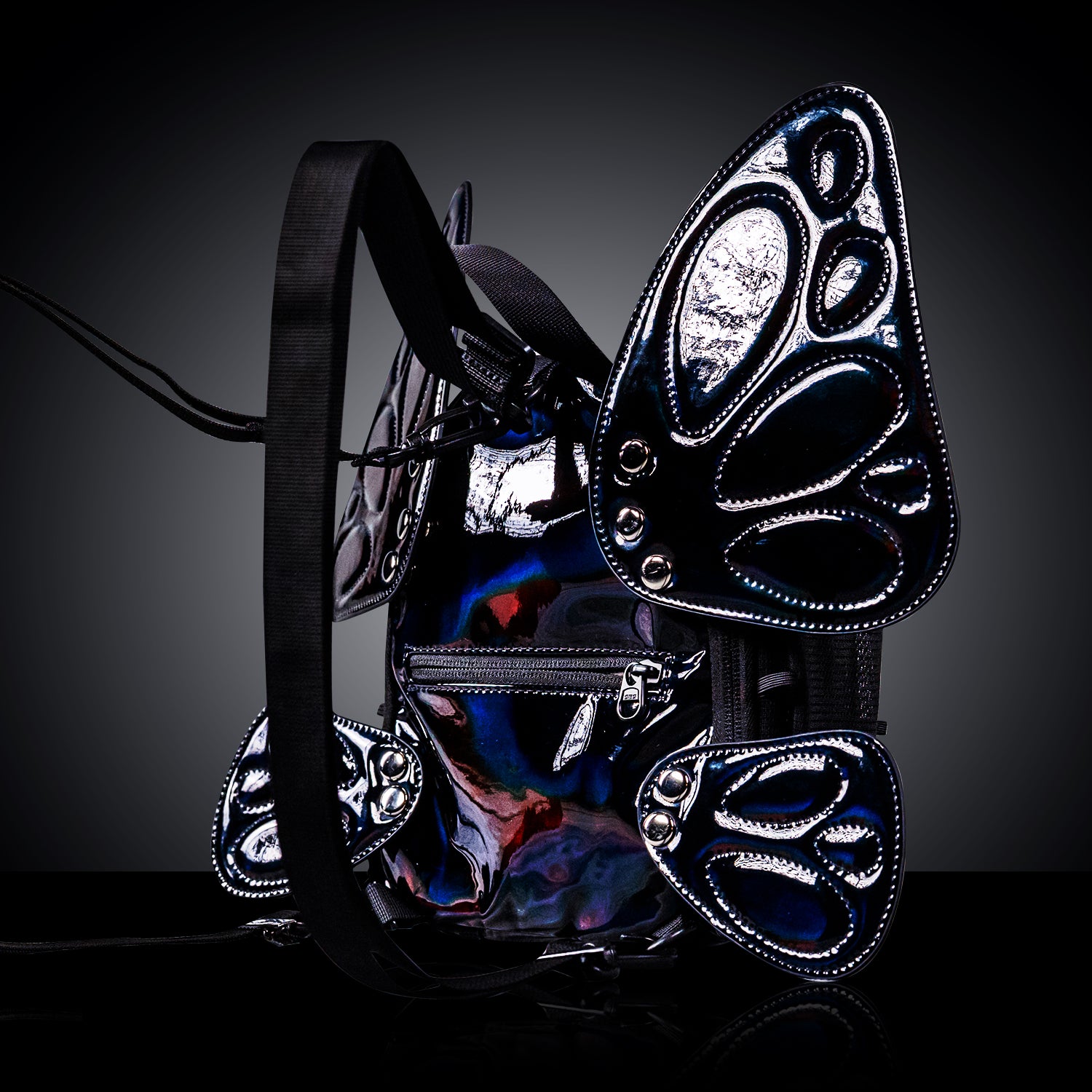 RaveBeetle FLOWt Pin Display Festival Pack – Swappable Wing Rave Backpack with 8oz Soft Water Bottle & Light Accessory (Black)