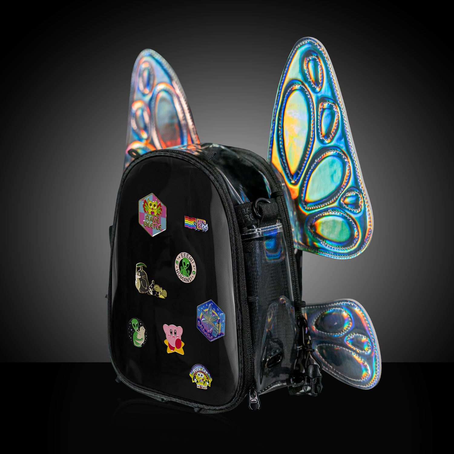 RaveBeetle FLOWt Pin Display Hydration Festival Pack – Swappable Wing Rave Backpack with 8oz Soft Water Bottle & Light Accessory(Clear)